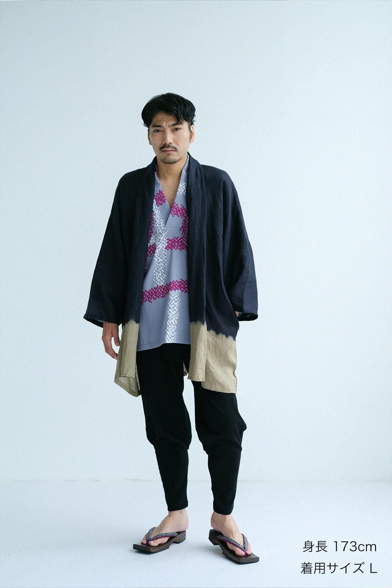 近清紮染 麻紗 梯形袖 短外套 单／单。分層染 黑色×亞麻色