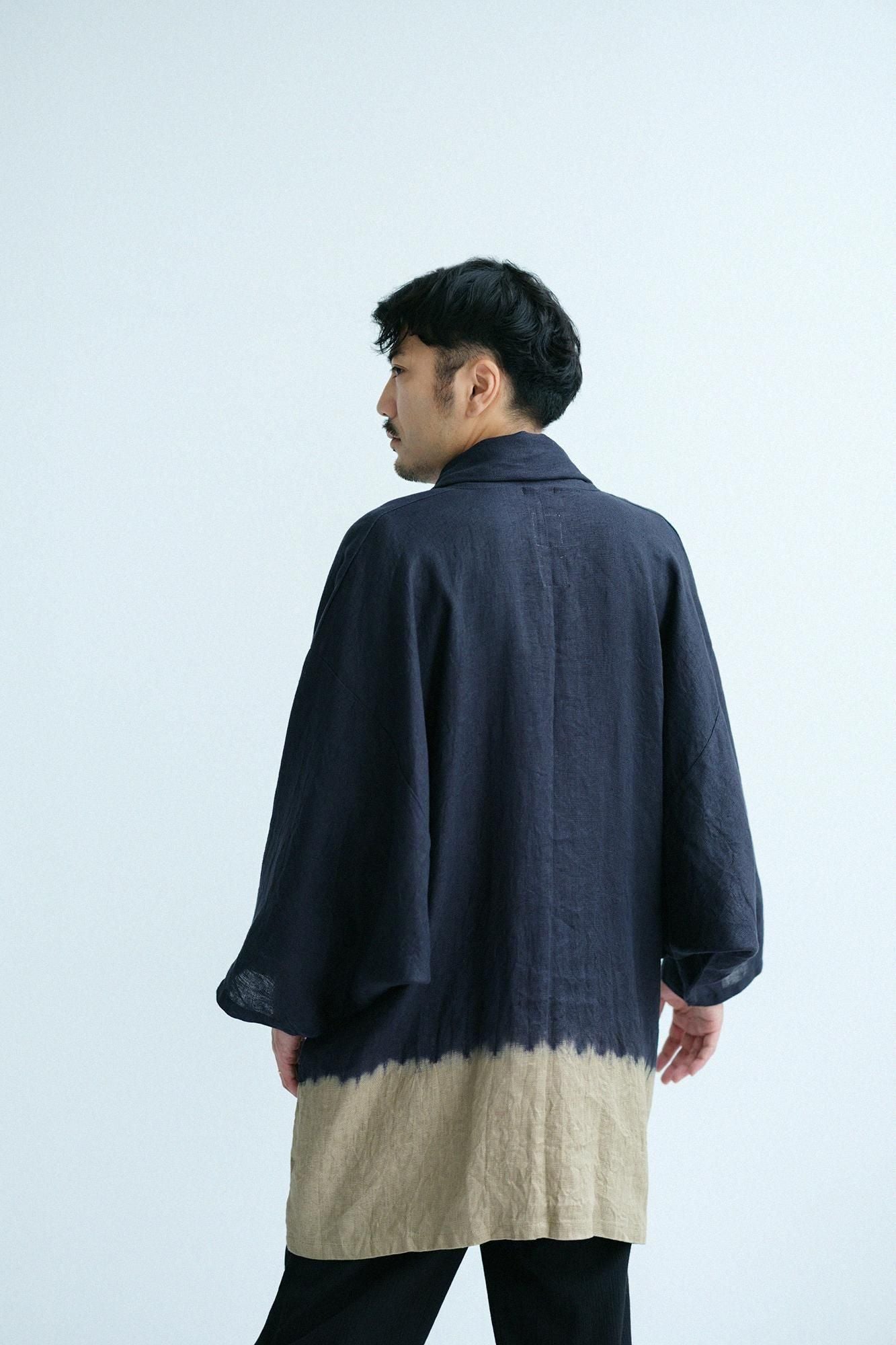 近清紮染 麻紗 梯形袖 短外套 单／单。分層染 黑色×亞麻色