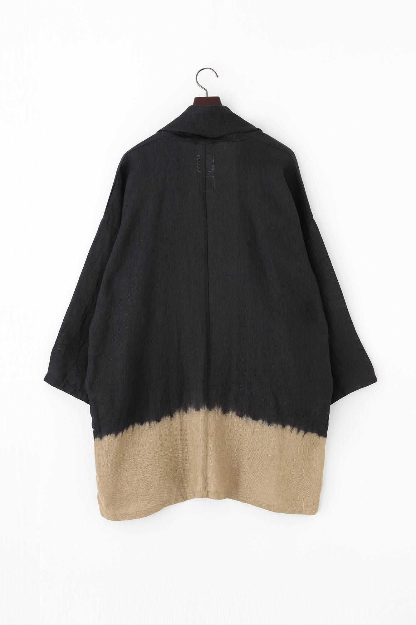 近清紮染 麻紗 梯形袖 短外套 单／单。分層染 黑色×亞麻色
