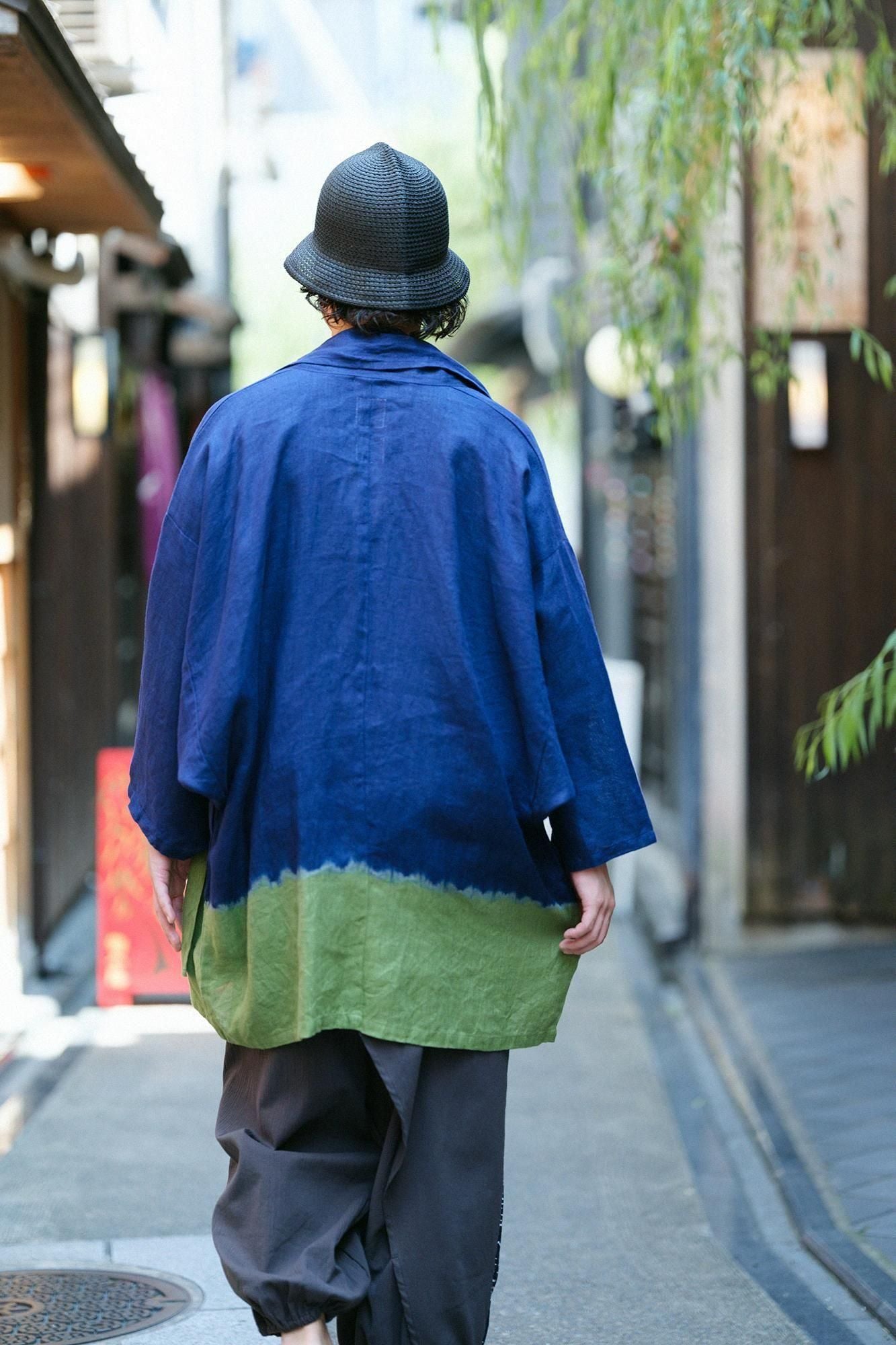 【官網限定】近清紮染 麻紗 梯形袖 短外套 單層／分層染深藍色×紅色