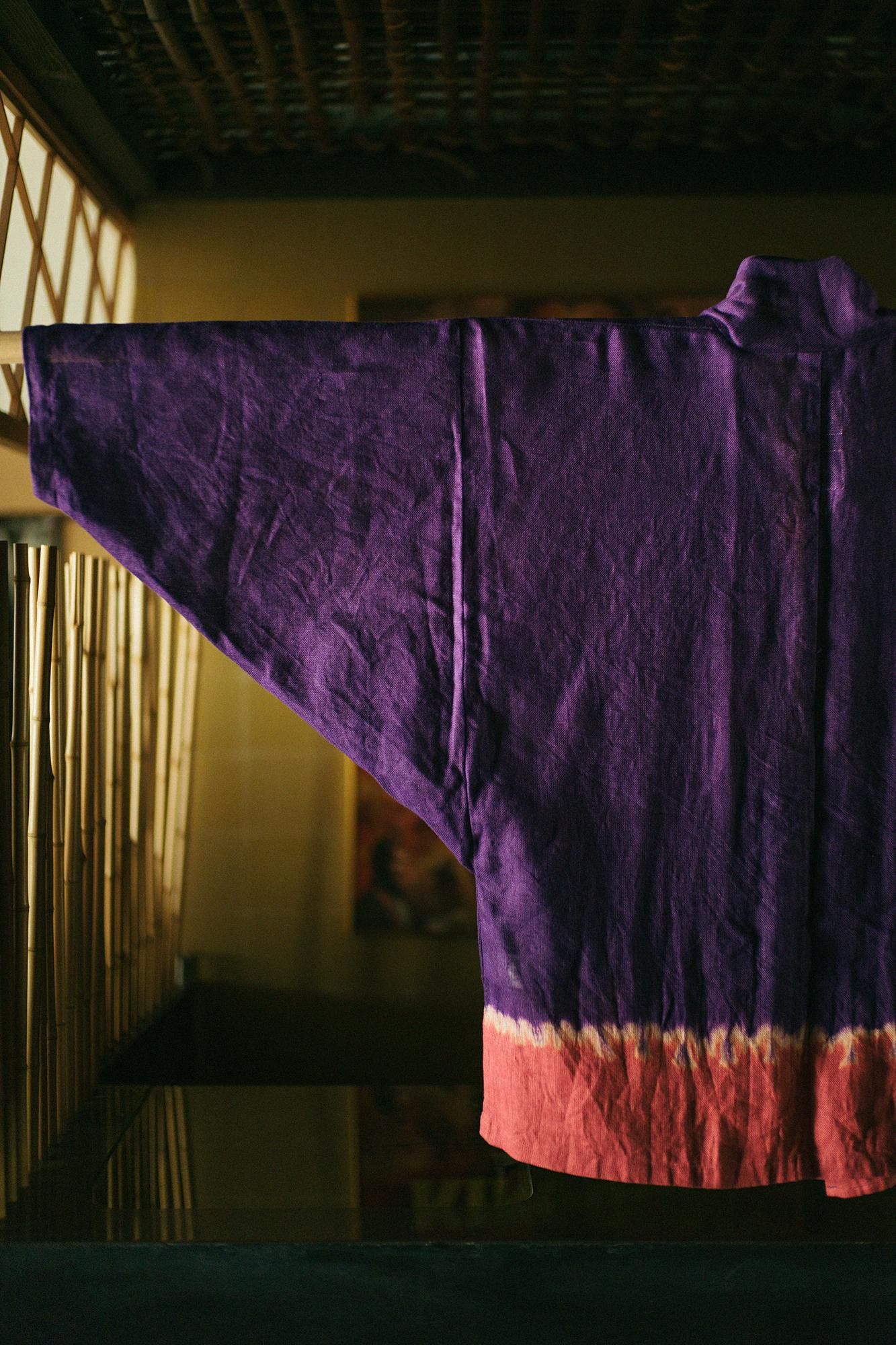 【官網限定】近清紮染 麻紗 梯形袖 短外套 單層／分層染 深紫色×紫紅色