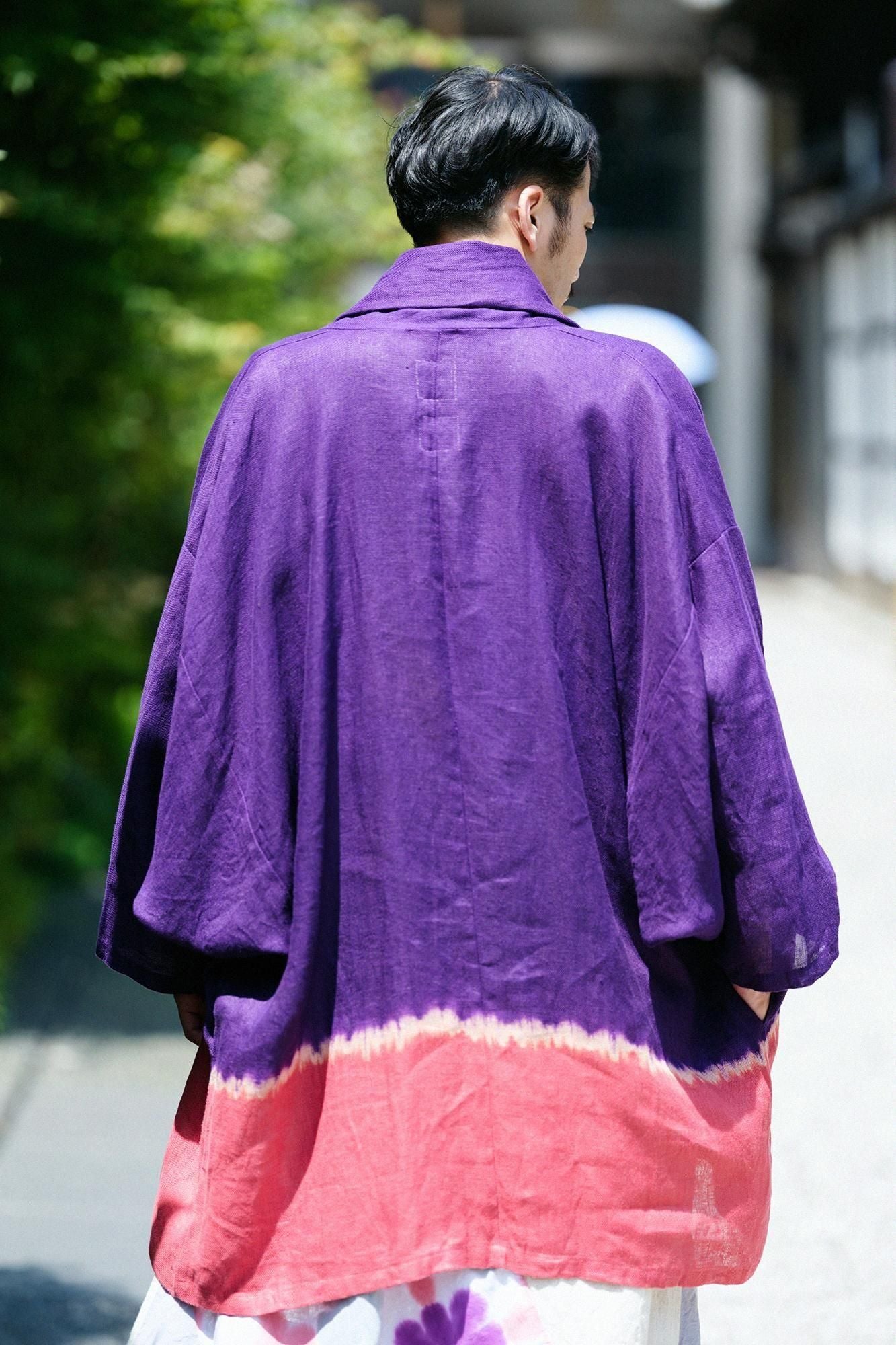 【官網限定】近清紮染 麻紗 梯形袖 短外套 單層／分層染 深紫色×紫紅色