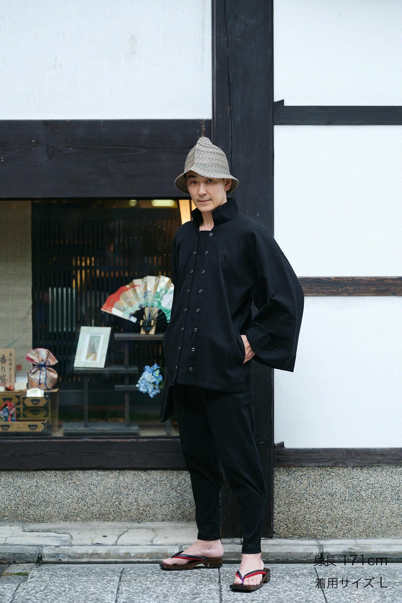 Sea Island Cotton Chizimi Cotton 40/40 Double Breasted Shirt／Black