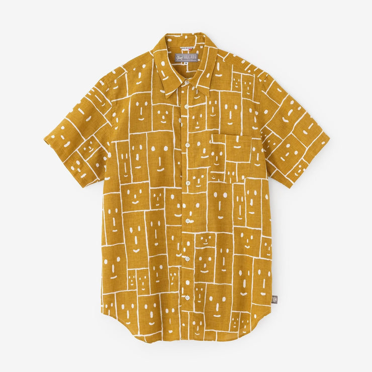 【net limited】Isemomen Cotton Bun Short Sleeve Shirt / Smile Faces Mustard Color