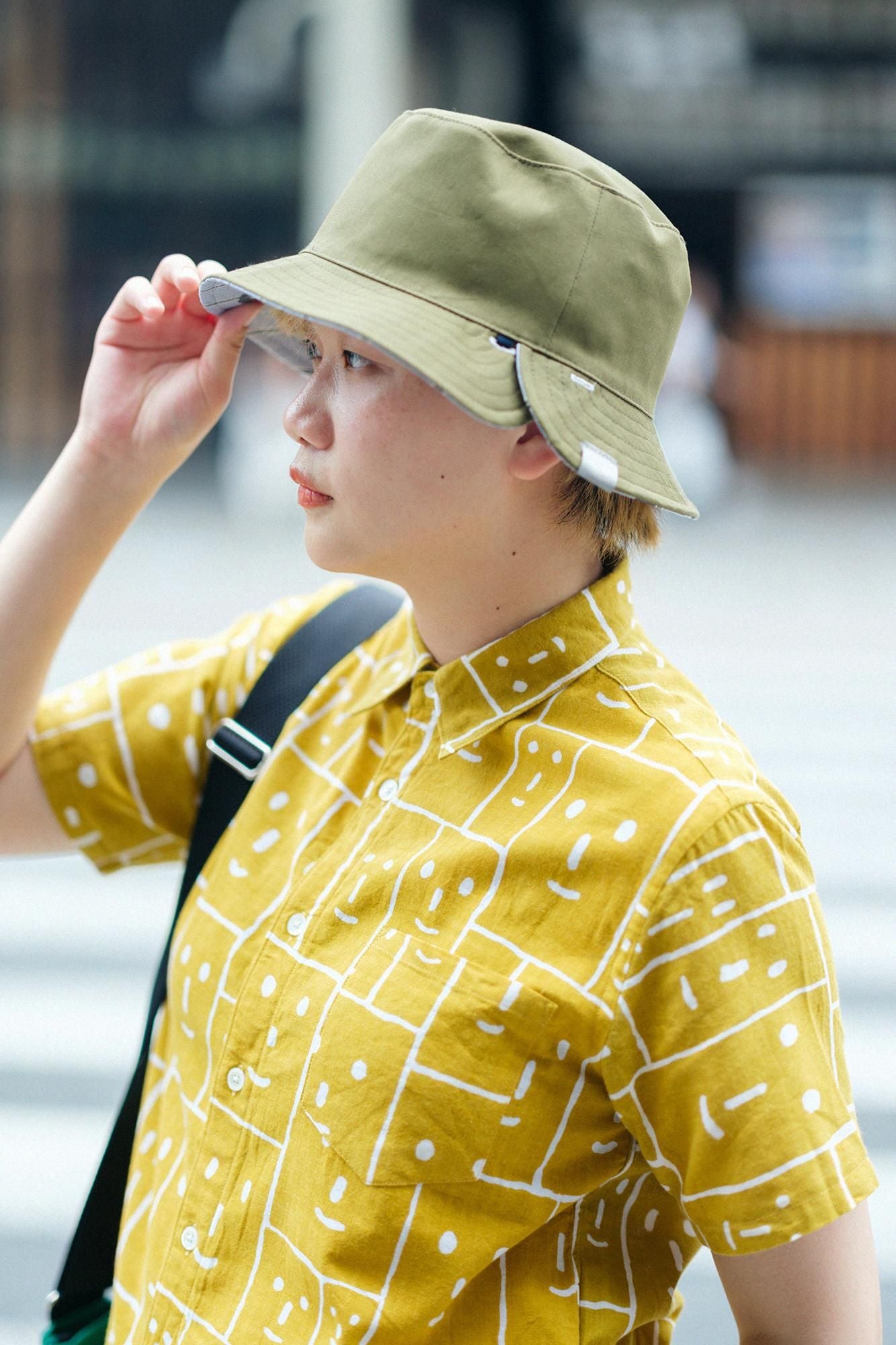 【net limited】Isemomen Cotton Bun / Short Sleeve Shirt Smile Faces Mustard Color