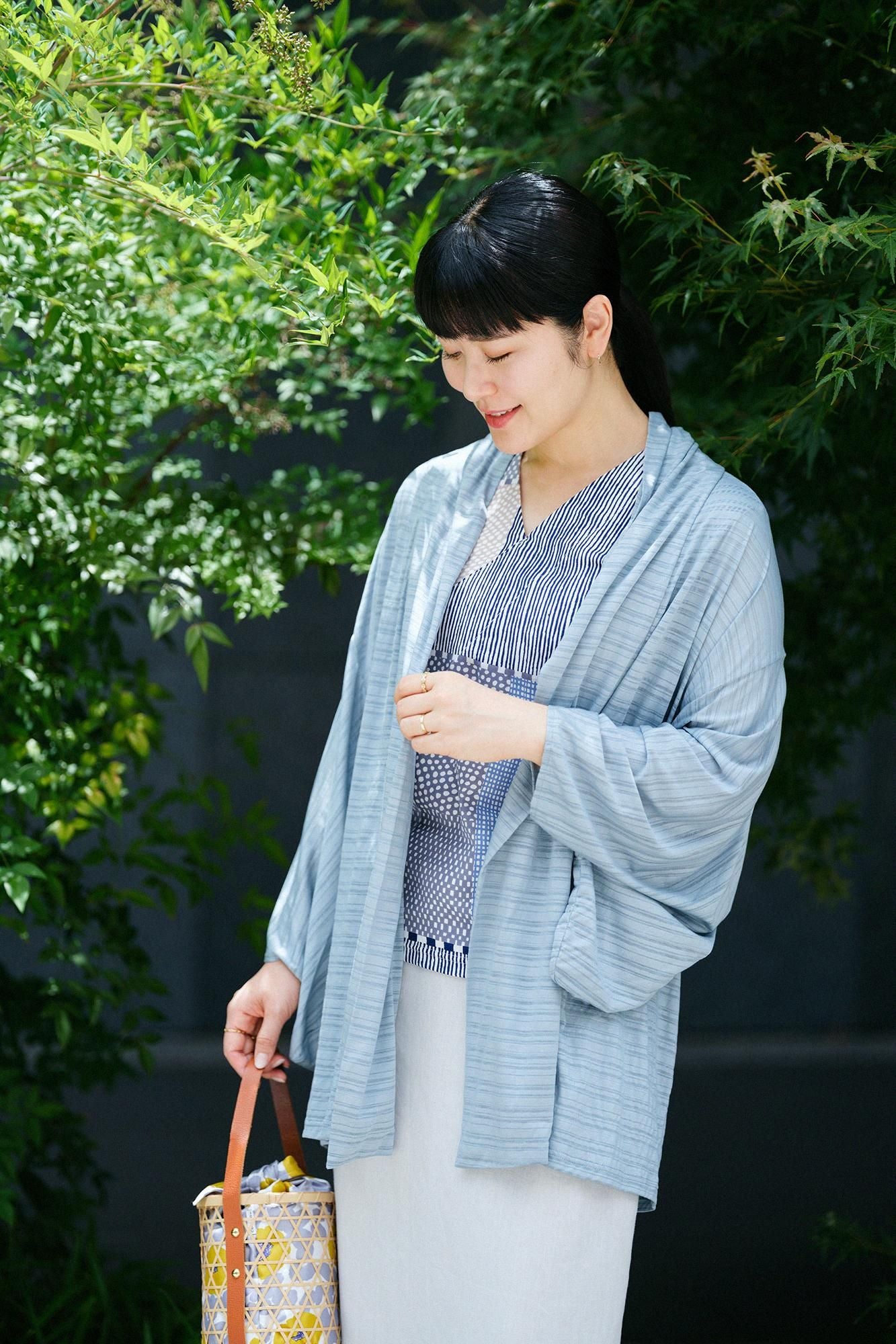 GIZA x Lyocell Jacquard Kimono Sleeve Cardigan / Blue Green Stripes