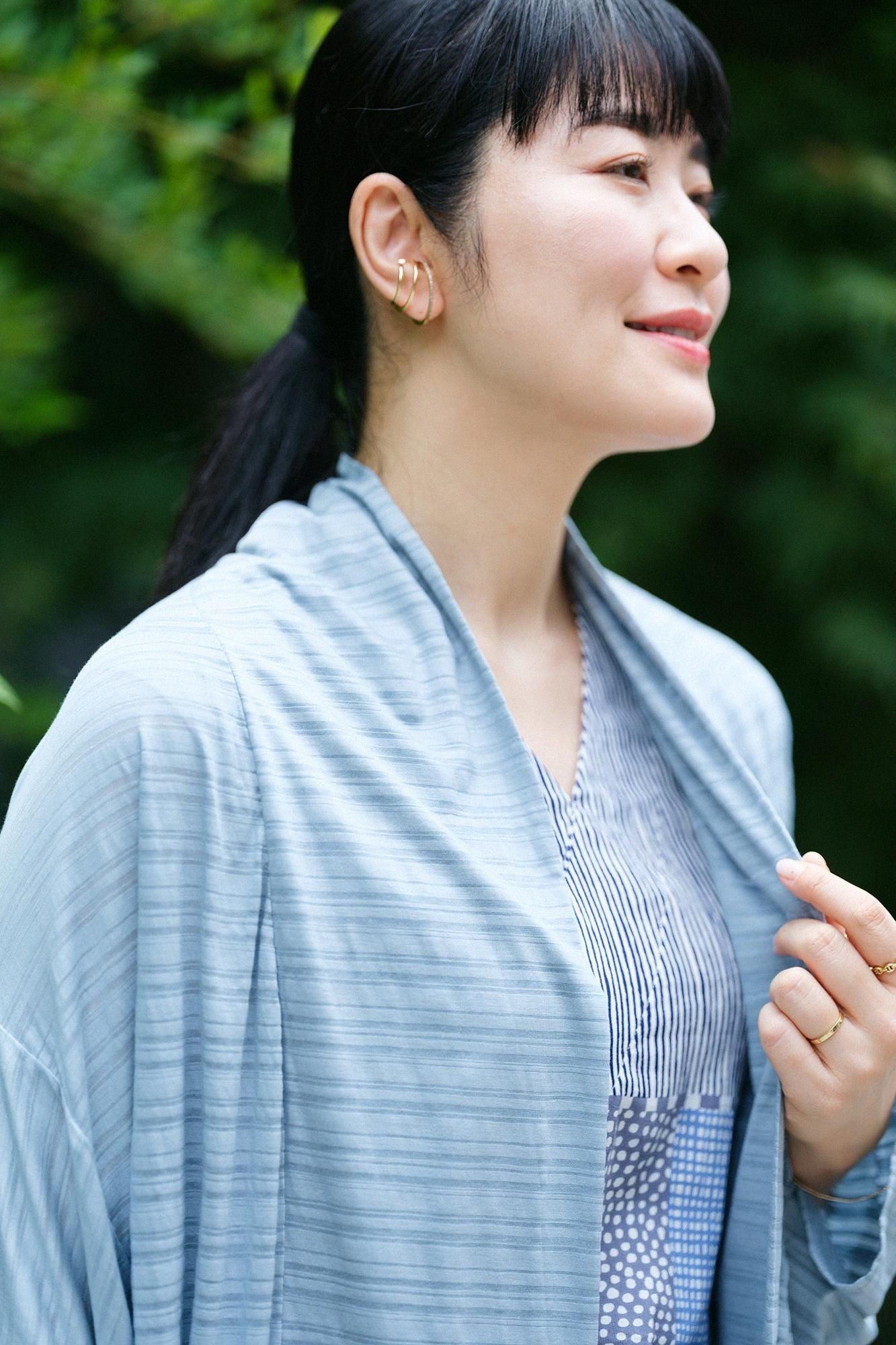 GIZA x Lyocell Jacquard Kimono Sleeve Cardigan / Blue Green Stripes