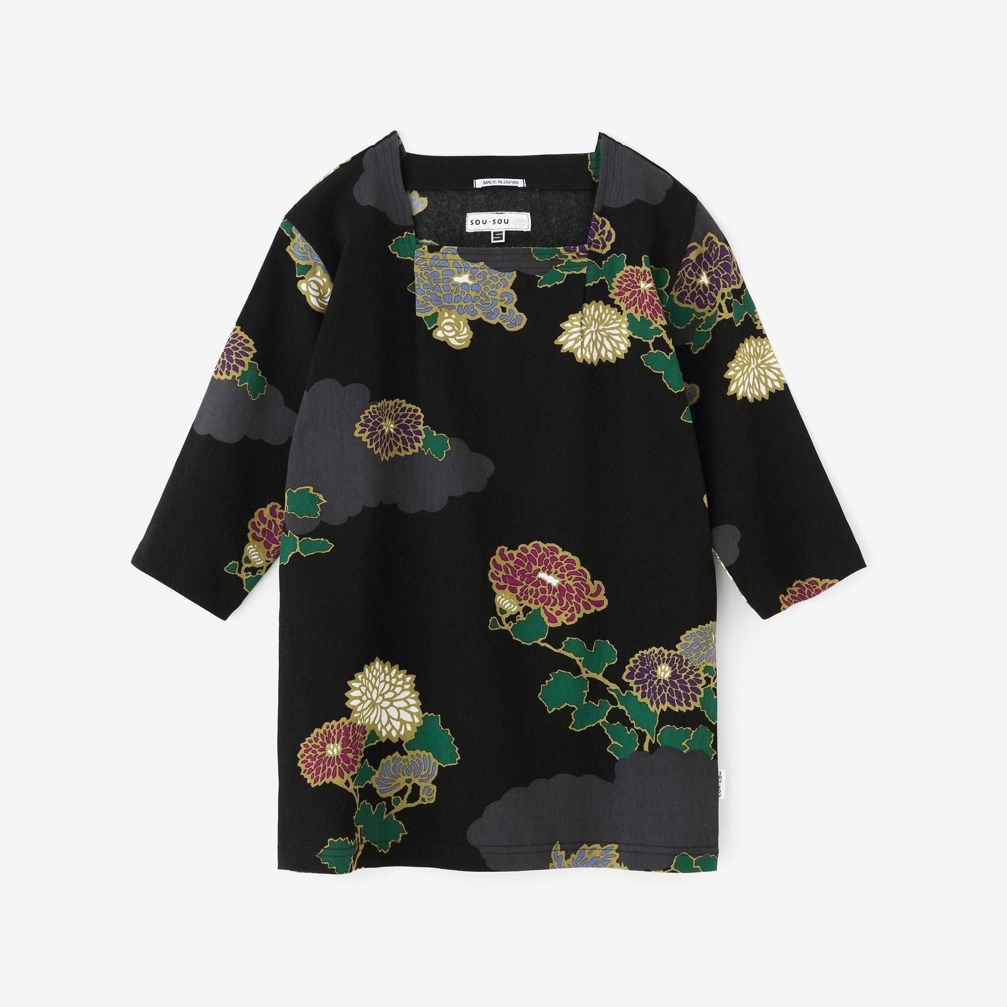 Chizimi Cotton 40/40 Square Neck Shirt Elbow Length Sleeve / Kumodori with Chrysanthemum