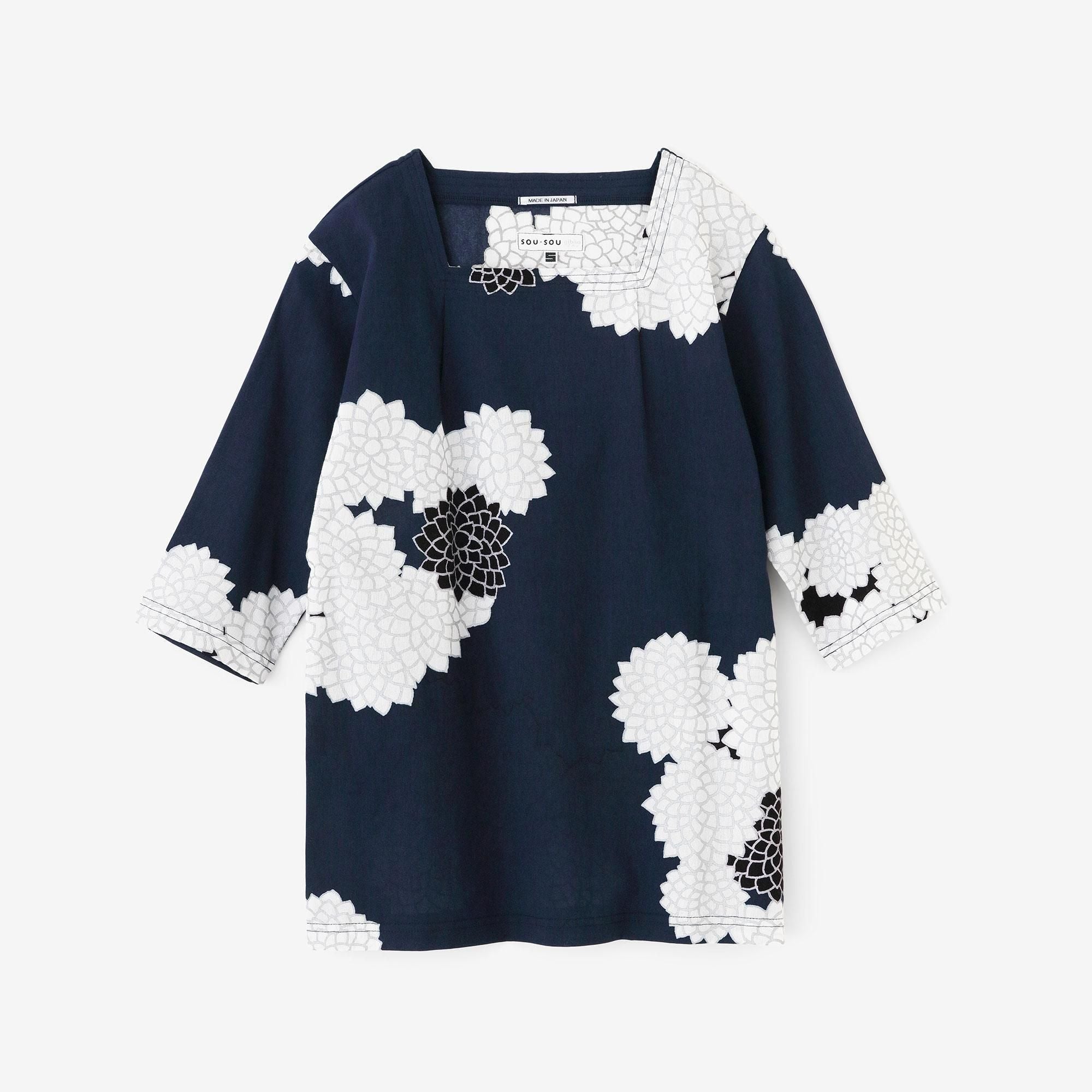 Chizimi Cotton 40/40 Square Neck Shirt Elbow Length Sleeve/ Between the clouds (minds old time withchrysanthemum Ryoya