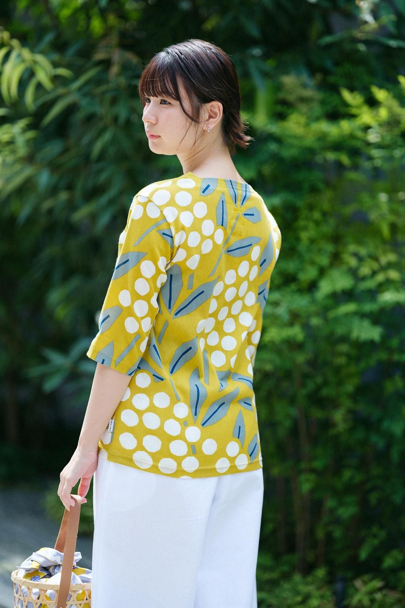 Chizimi Cotton 40/40 Square Neck Shirt Elbow Length Sleeve / Nandina Bamboo