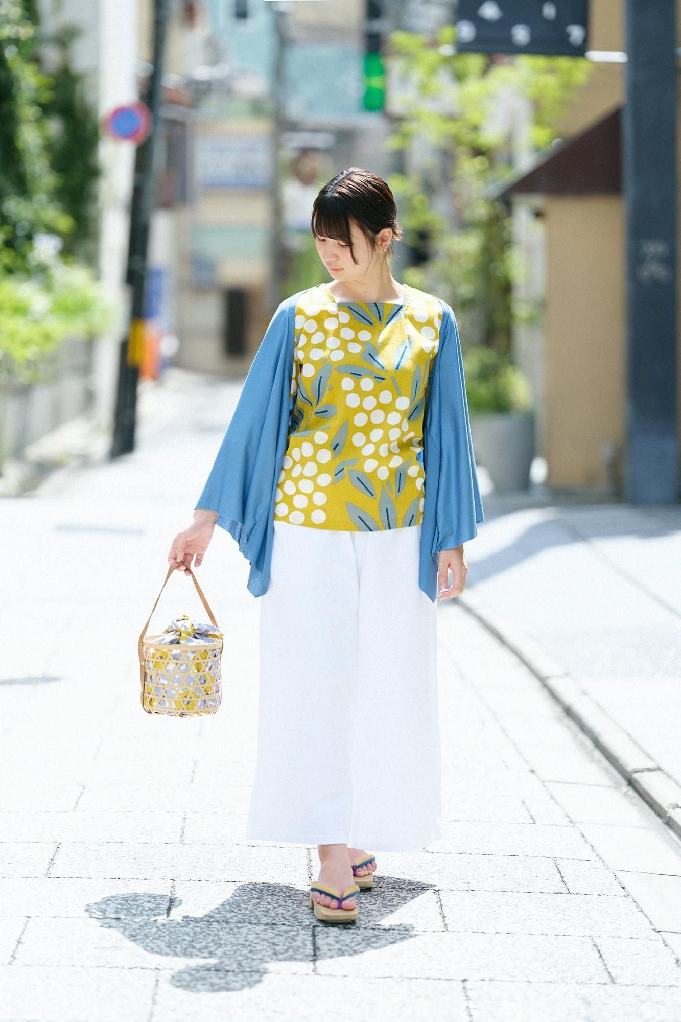 Chizimi Cotton 40/40 Square Neck Shirt Elbow Length Sleeve / Nandina Bamboo