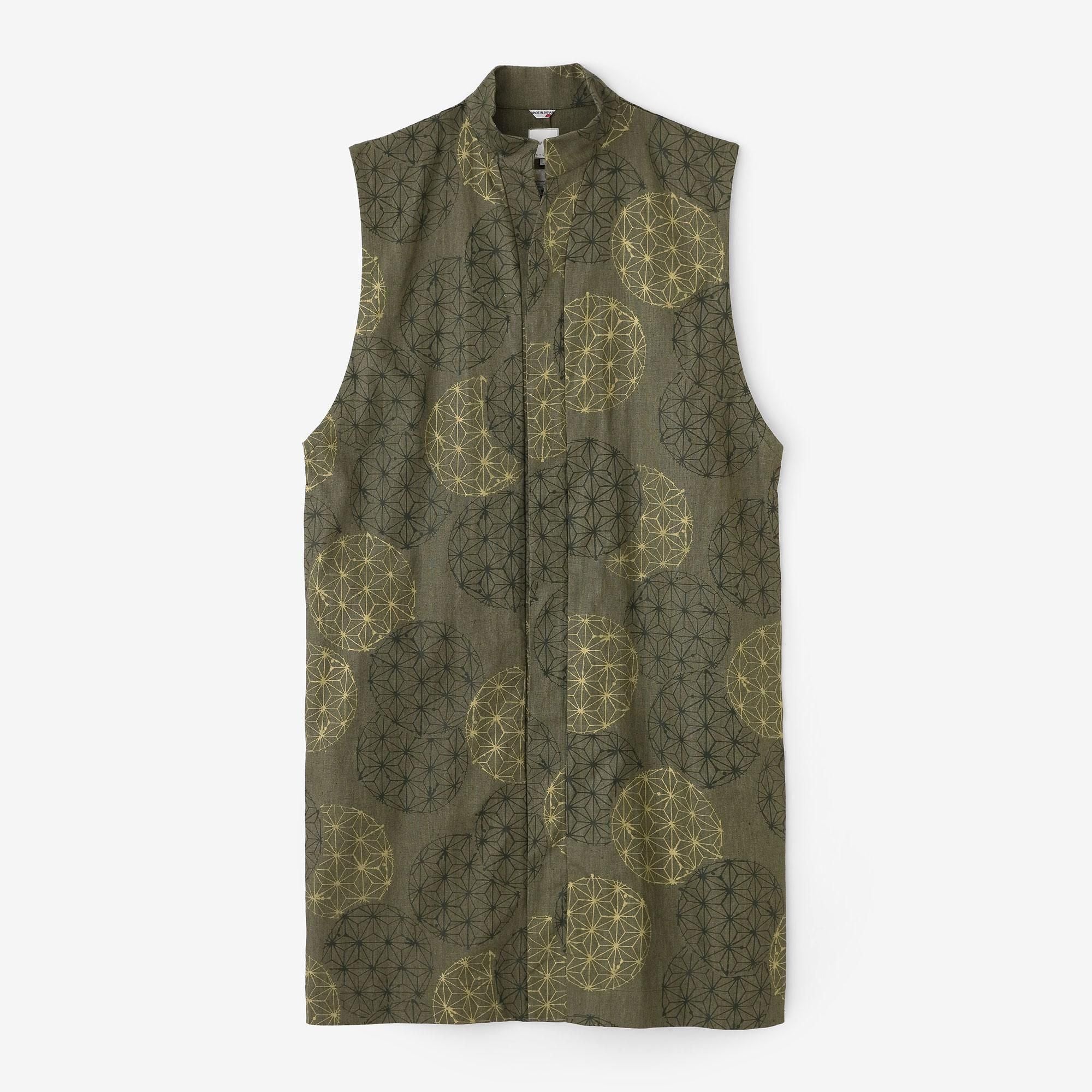 Linen Nakajiro Dye Long Jinbaori Single Layer / Hemp-leaf Pattern Greyish Matcha Color