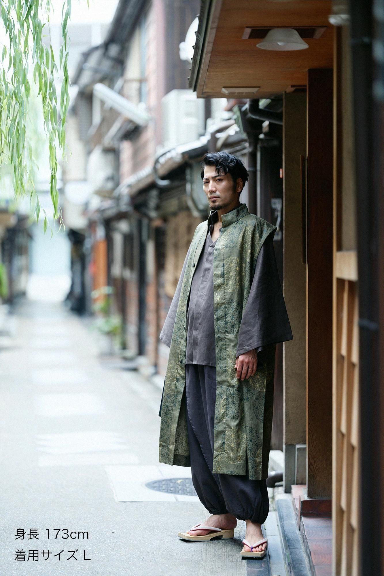 Linen Nakajiro Dye Long Jinbaori Single Layer / Hemp-leaf Pattern Greyish Matcha Color