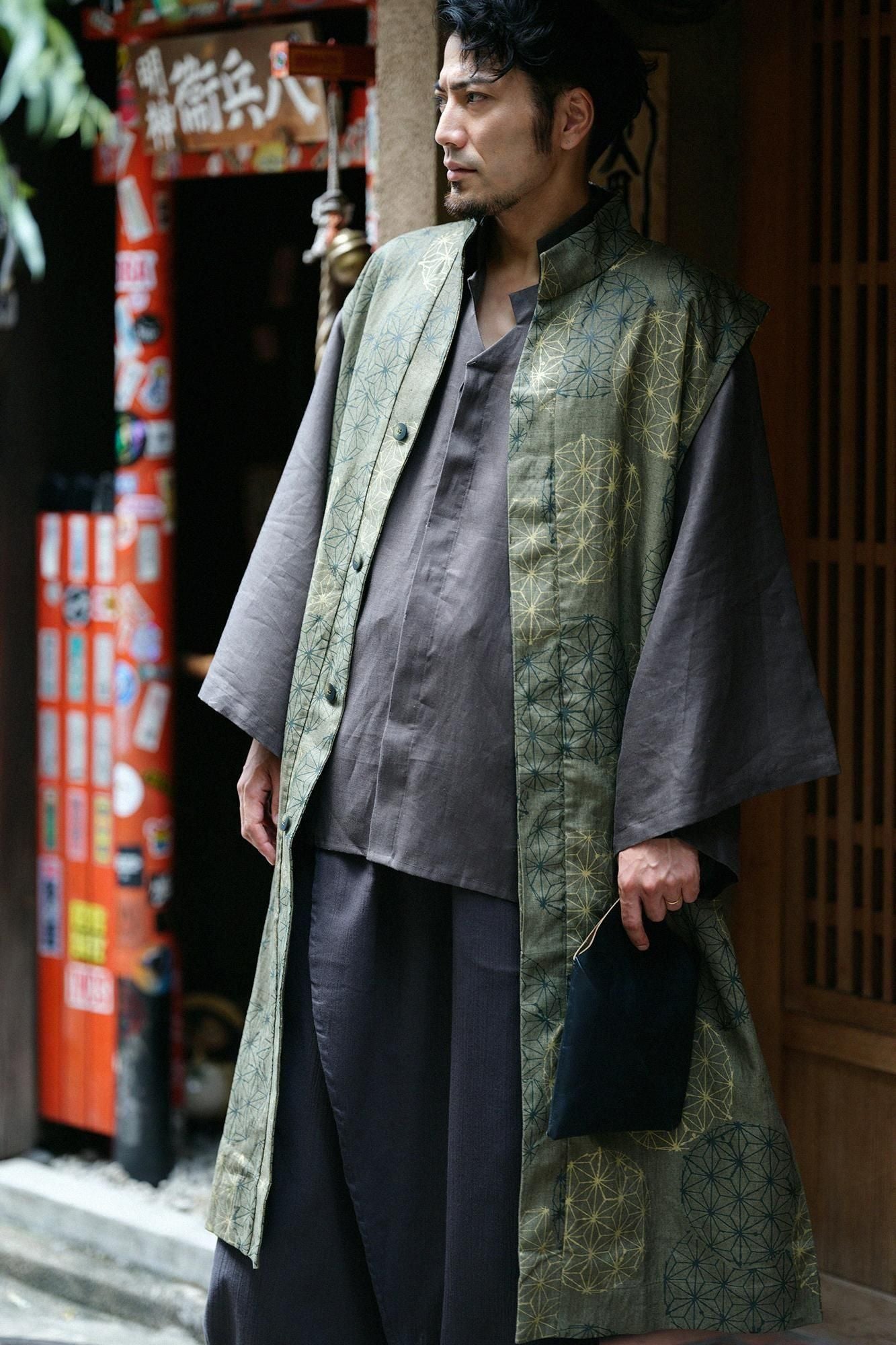 Linen Nakajiro Dye Long Jinbaori Single Layer / Hemp-leaf Pattern Greyish Matcha Color