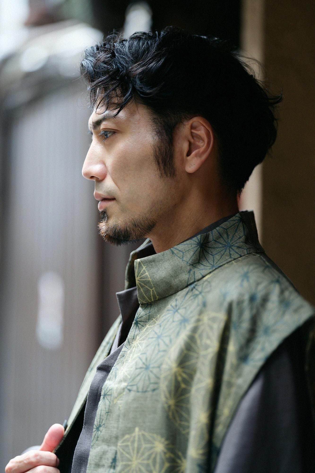 Linen Nakajiro Dye Long Jinbaori Single Layer / Hemp-leaf Pattern Greyish Matcha Color