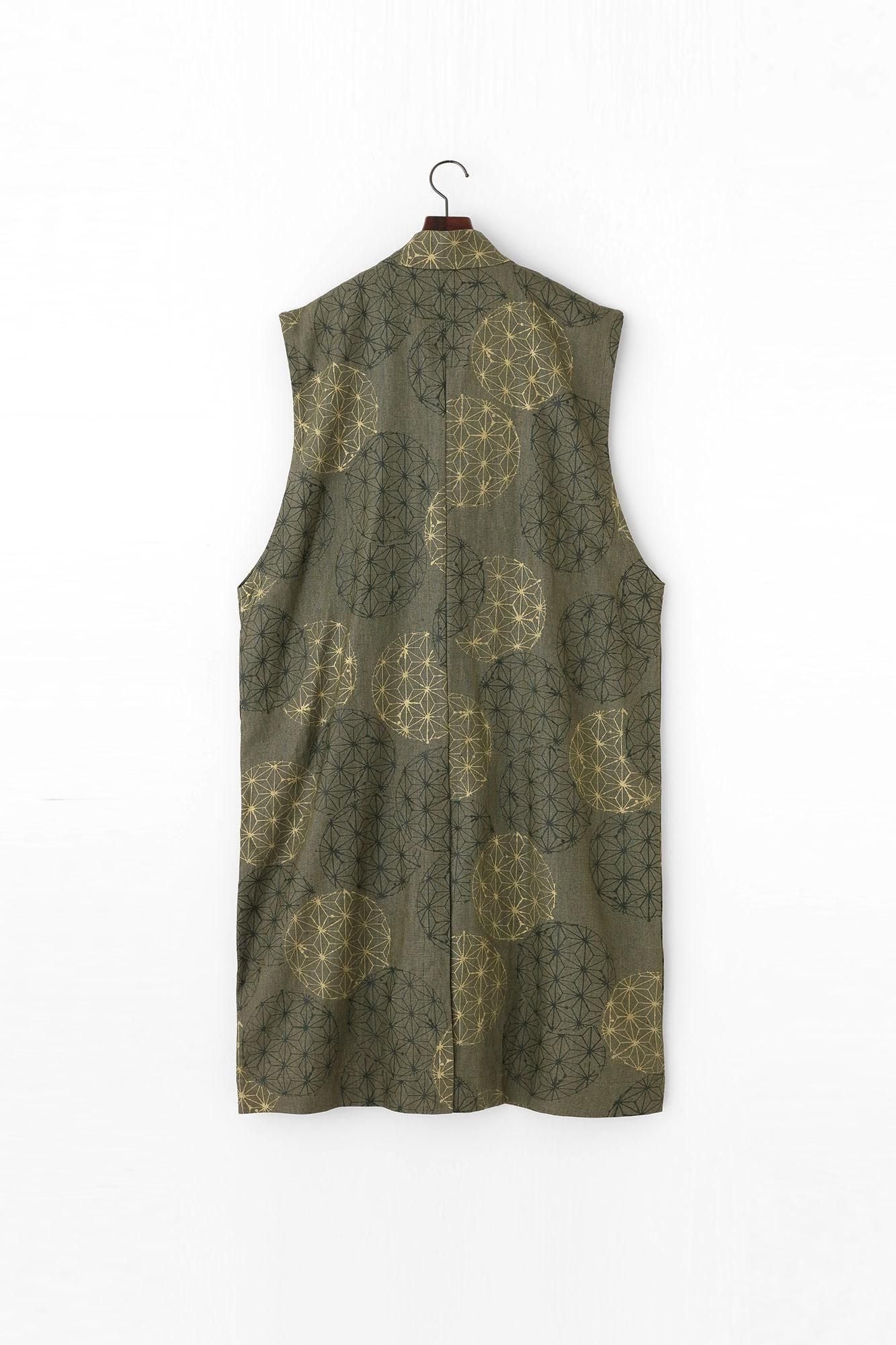 Linen Nakajiro Dye Long Jinbaori Single Layer / Hemp-leaf Pattern Greyish Matcha Color