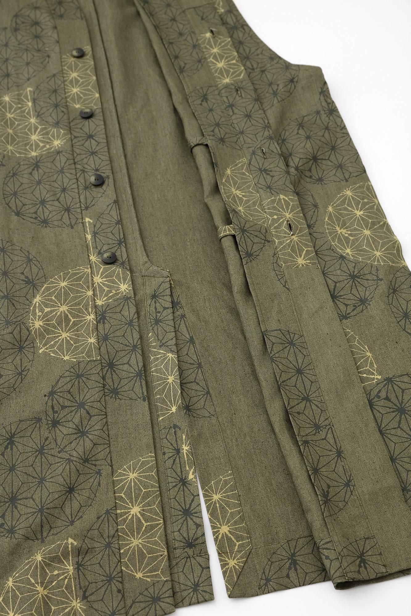 Linen Nakajiro Dye Long Jinbaori Single Layer / Hemp-leaf Pattern Greyish Matcha Color