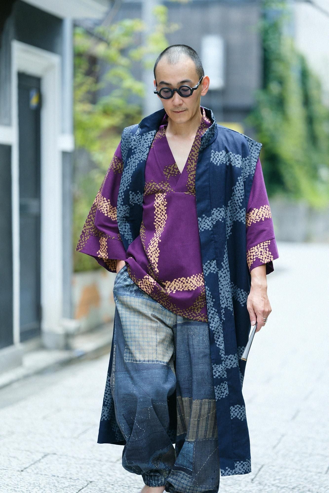 Linen Nakajiro Dye Long Jinbaori Single Layer / Tied-up Dark Blue