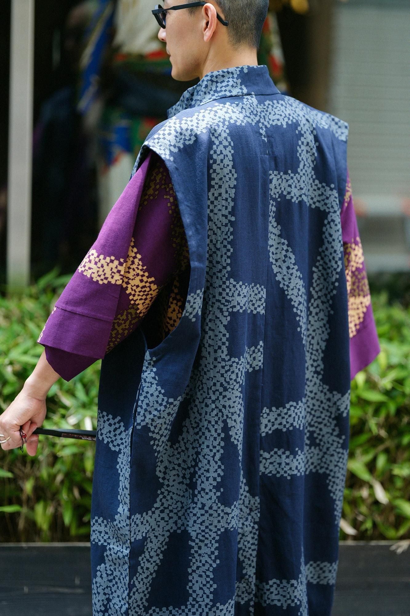 Linen Nakajiro Dye Long Jinbaori Single Layer / Tied-up Dark Blue