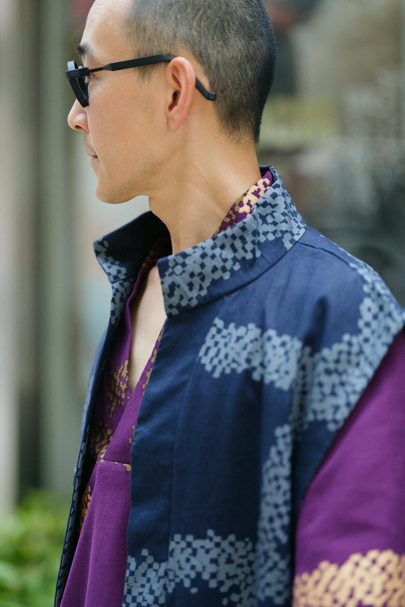 Linen Nakajiro Dye Long Jinbaori Single Layer / Tied-up Dark Blue