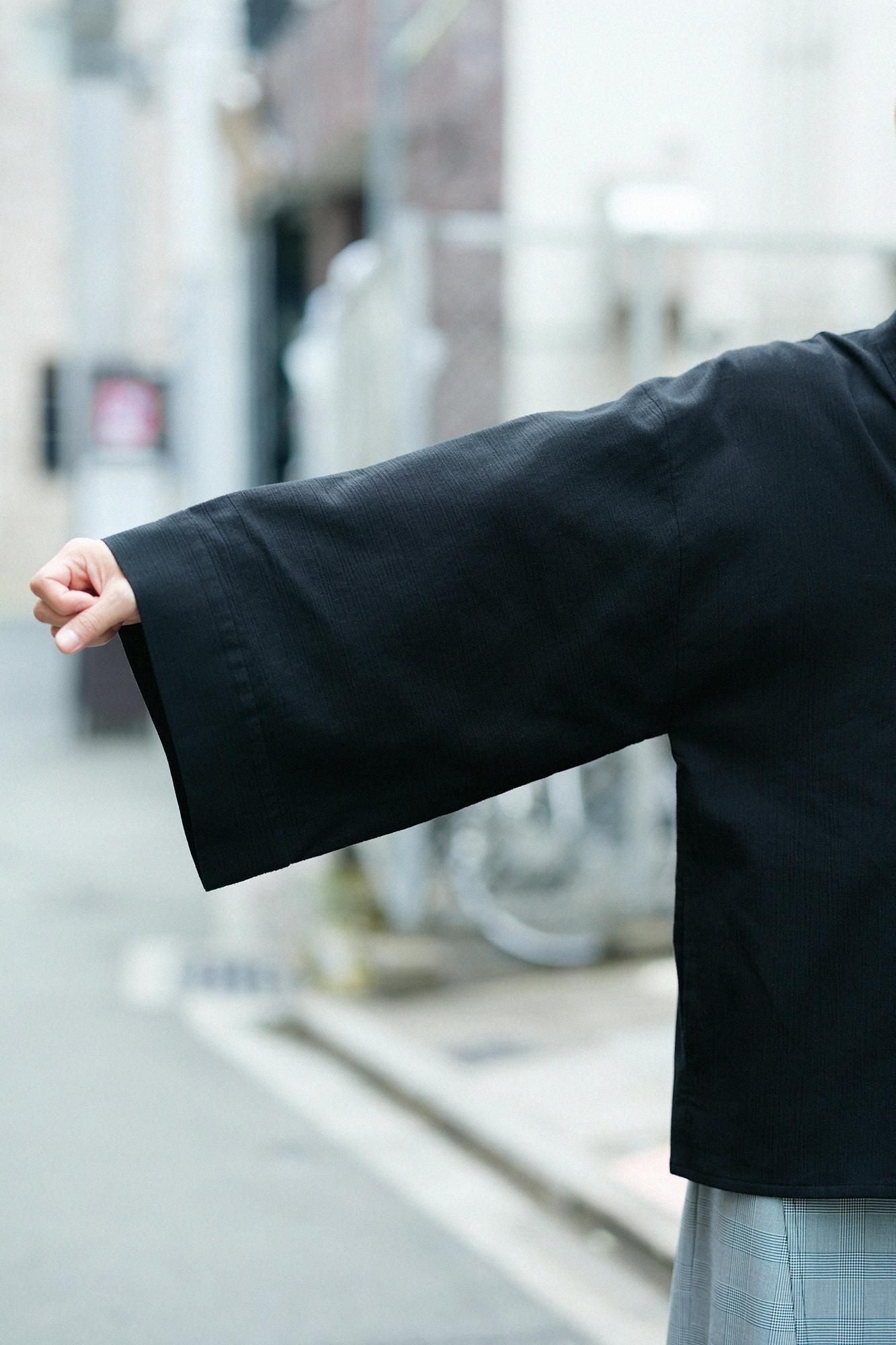 高島縮棉 20/20寬袖襯衣／黑色