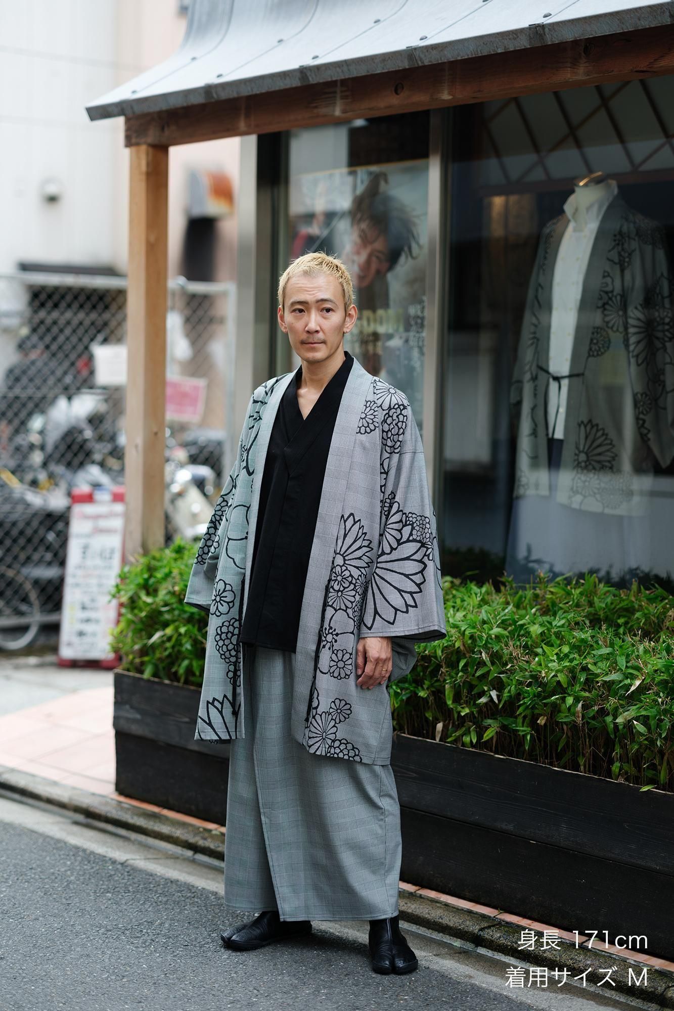 千鳥格紋織和服褲裝深灰色