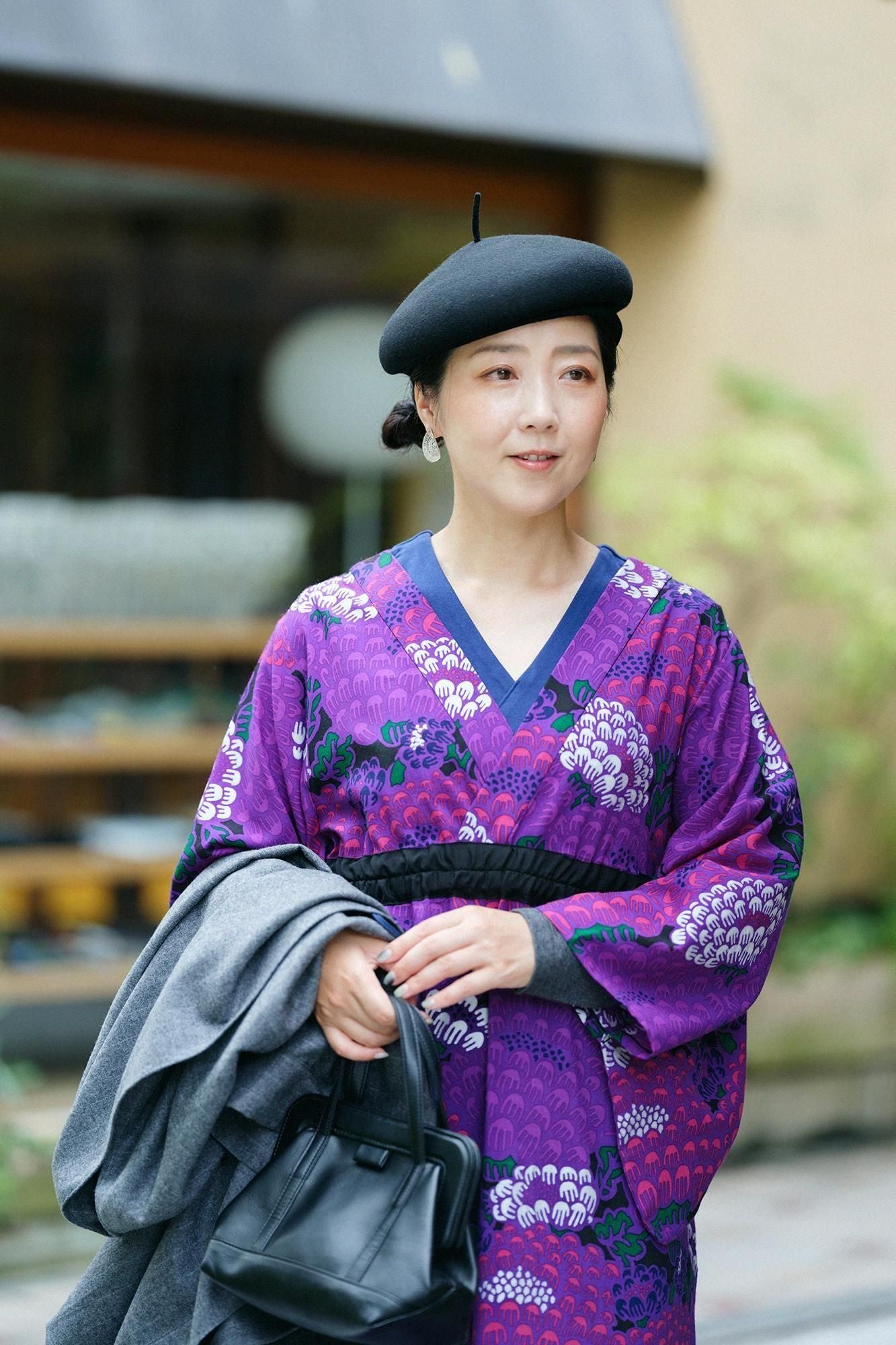Muslin Wool Kimono Dress / Kenran Purple