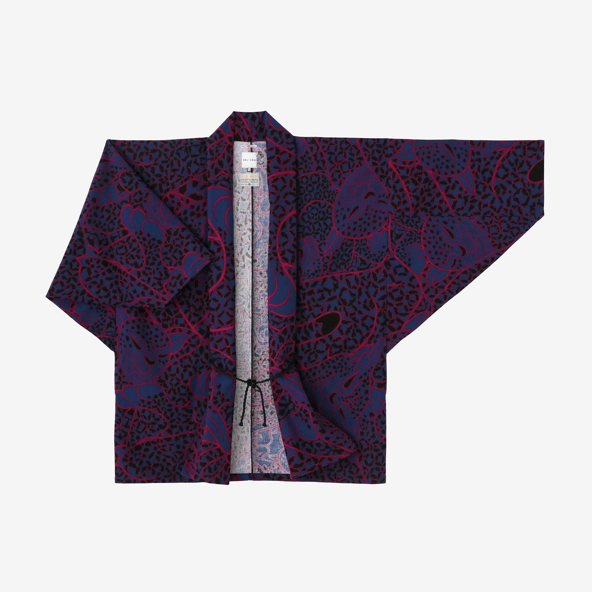 Change de tissage, manches bouclées, robe courte (hitoe) / jaguars bleu rouge