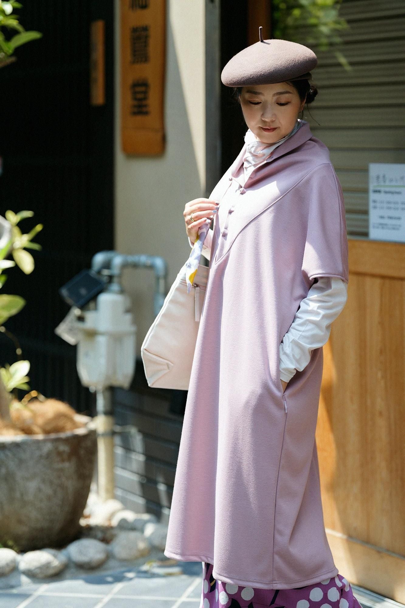 羊毛混紡 雙面編 太夫背心洋裝／藕粉色