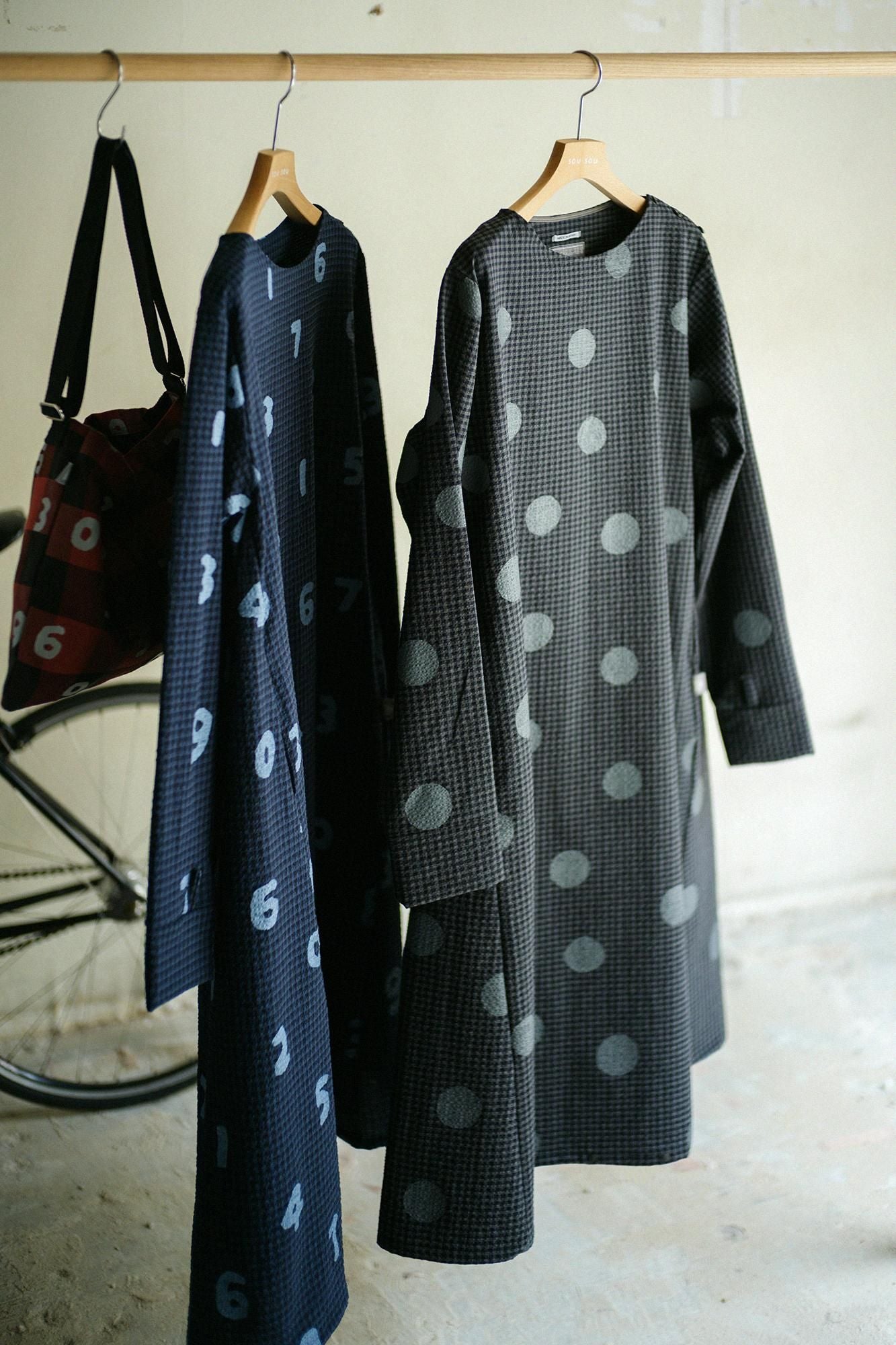 Wool Sucker BIKE One-piece Dress / Polka Dots Mara Gray Black Check