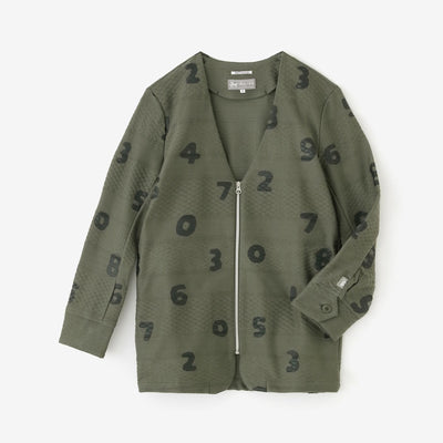 Jacquard Knit Collarless V-neck BIKE Jacket / SO-SU-U Greyish Matcha Color