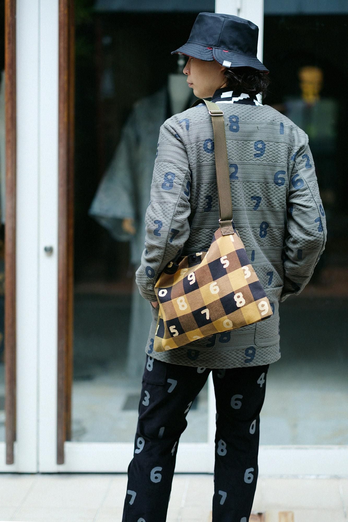 Jacquard Knit Collarless V-neck BIKE Jacket / SO-SU-U Greyish Matcha Color