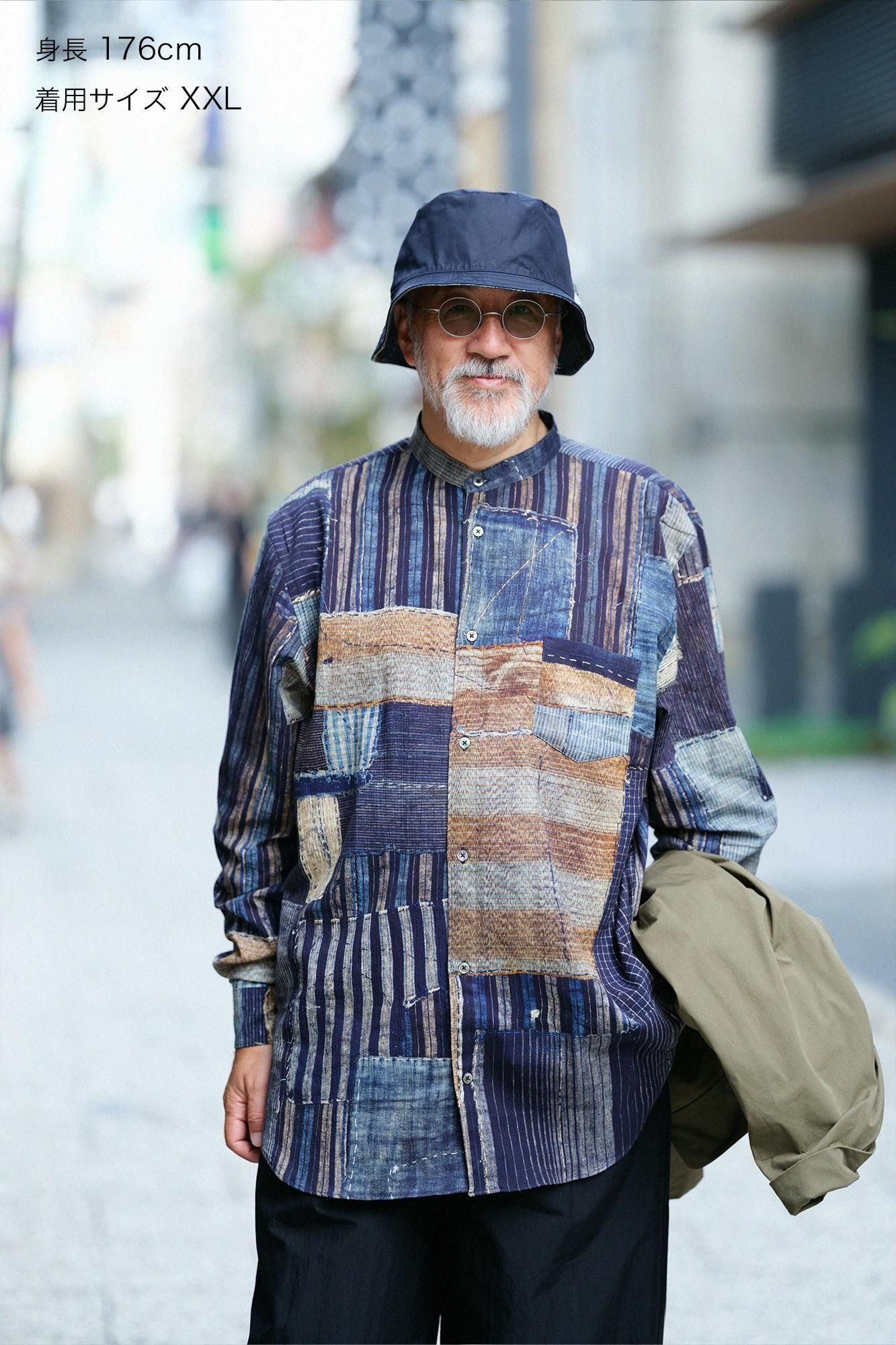 高島縮 20/20 スタンドカラーシャツ／BORO II IJ