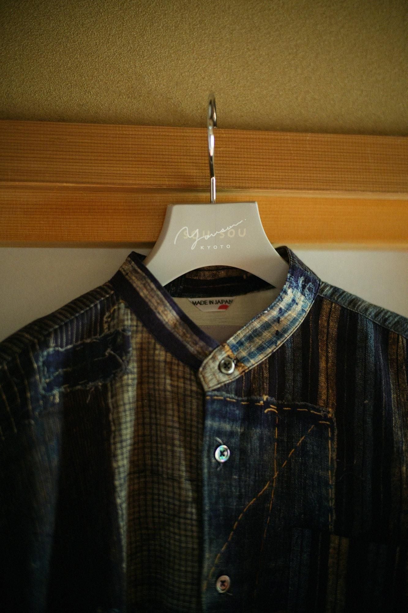 高島縮 20/20 スタンドカラーシャツ／BORO II IJ