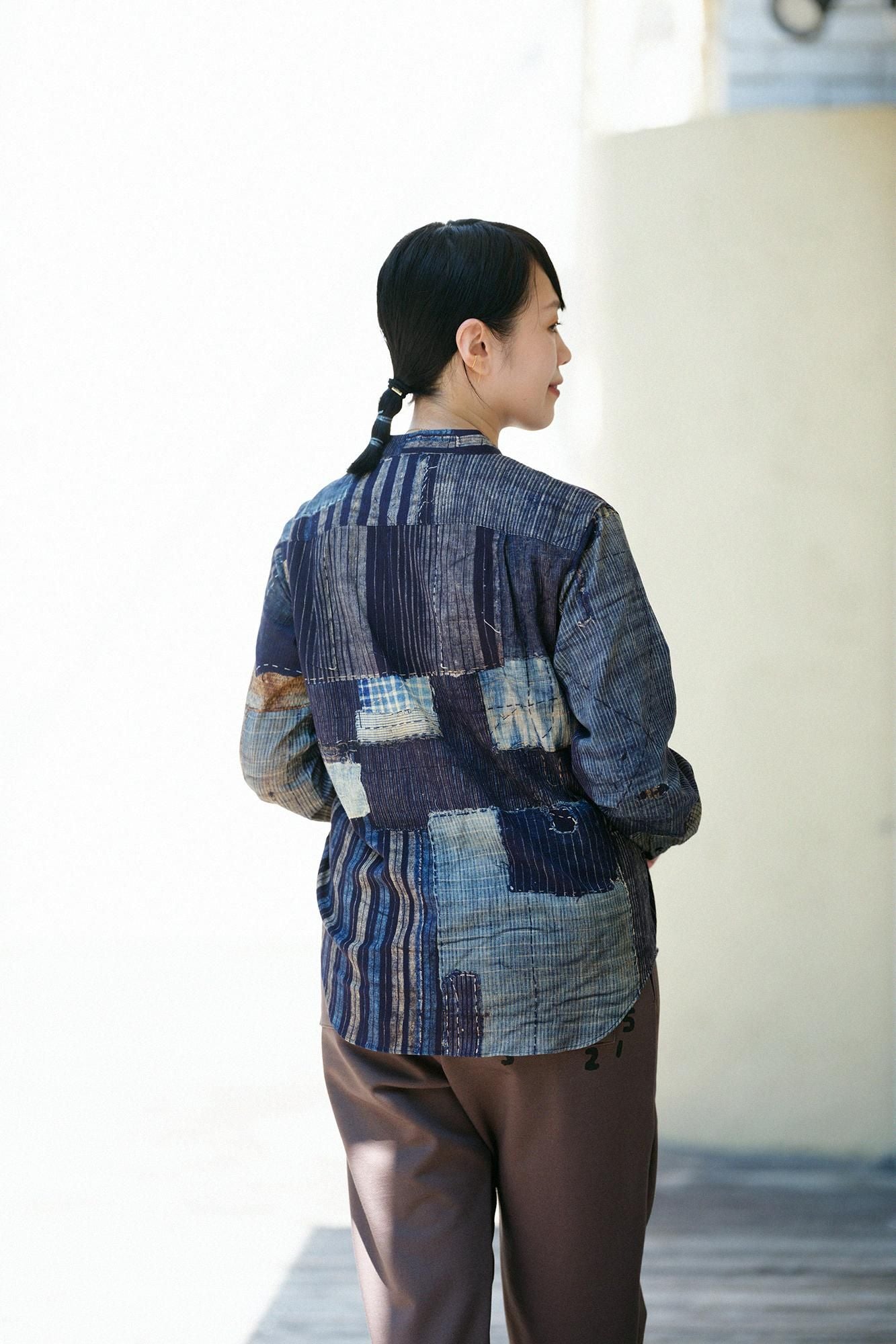 高島縮 20/20 スタンドカラーシャツ／BORO II IJ