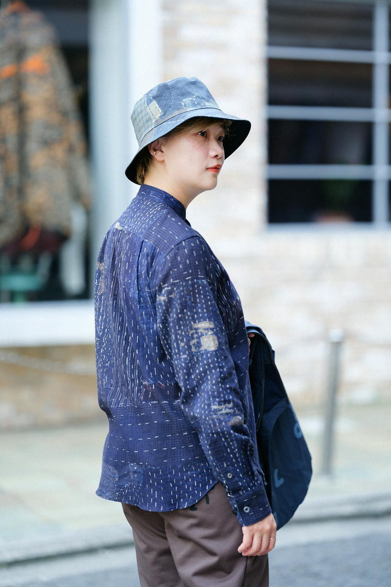 高島縮 スタンドカラーシャツ