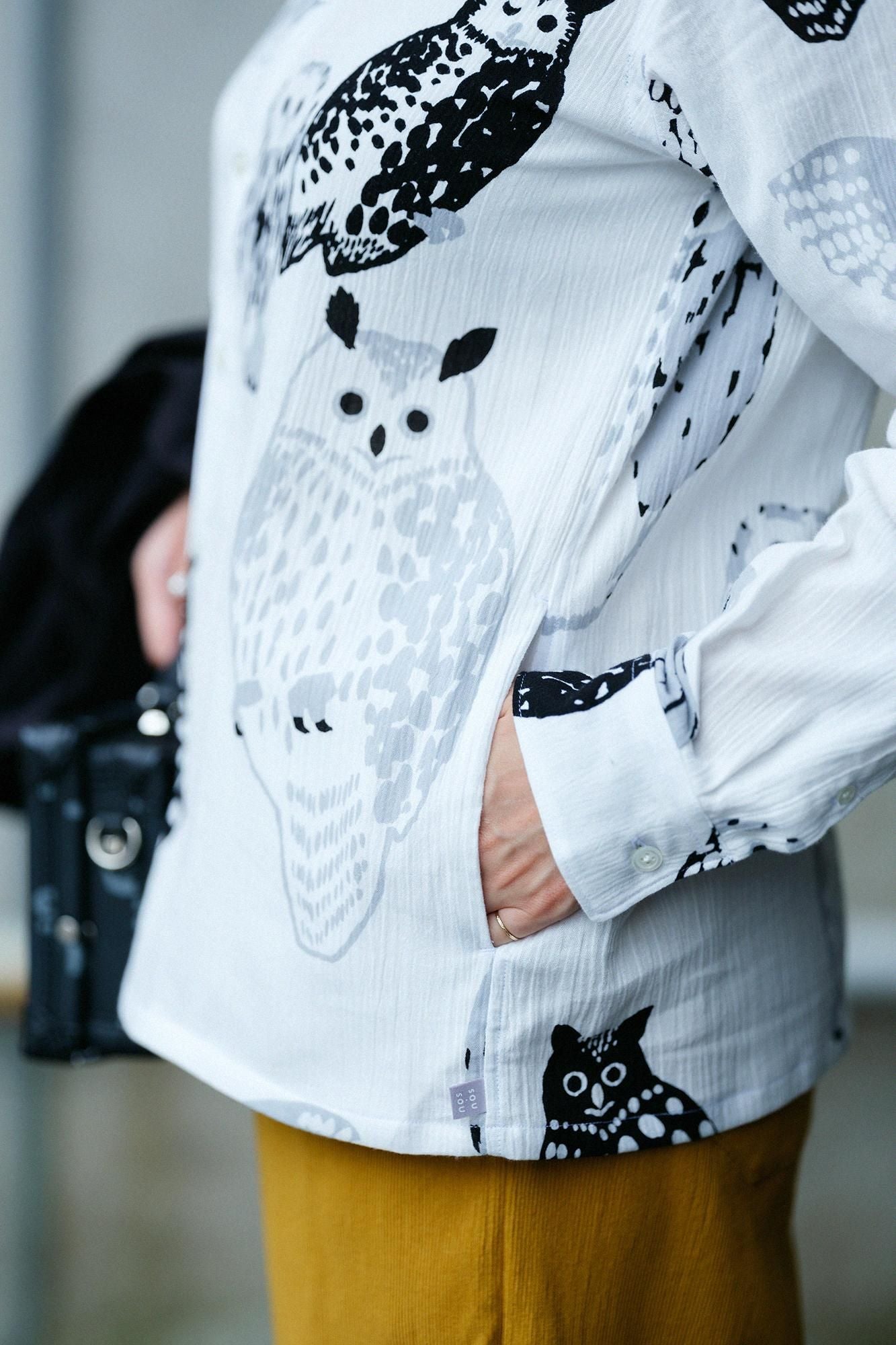 美品！SOU SOU 長袖シャツ　高島縮　スタンドカラー　フクロウ柄　S 白 美品！SOU SOU 長袖シャツ 高島縮 スタンドカラー フクロウ柄 S 白