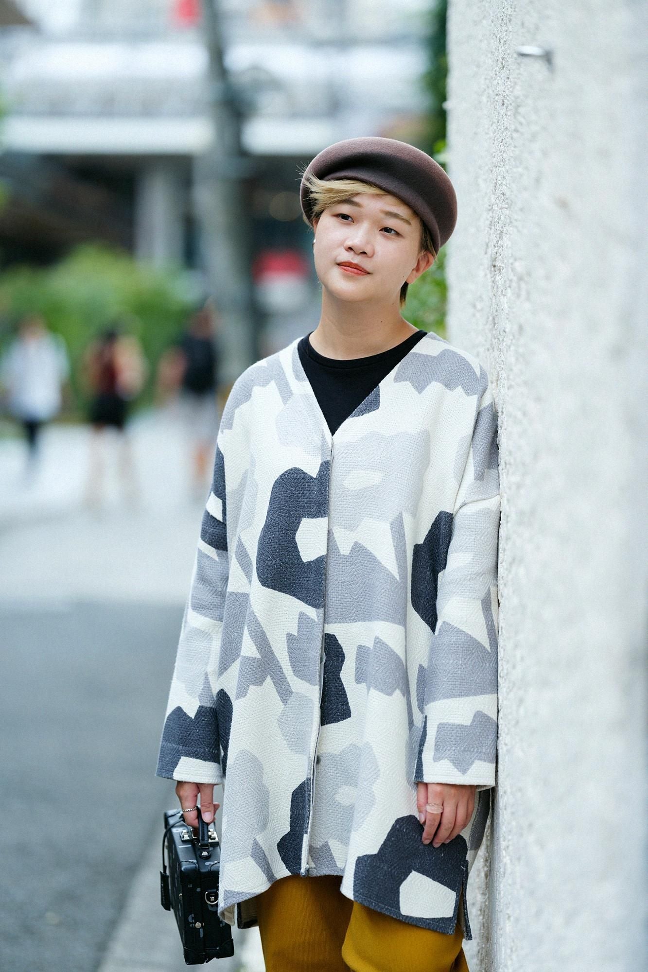 棉麻紡 菱紋樣（菱形用）灯長版上衣大衣/笑容