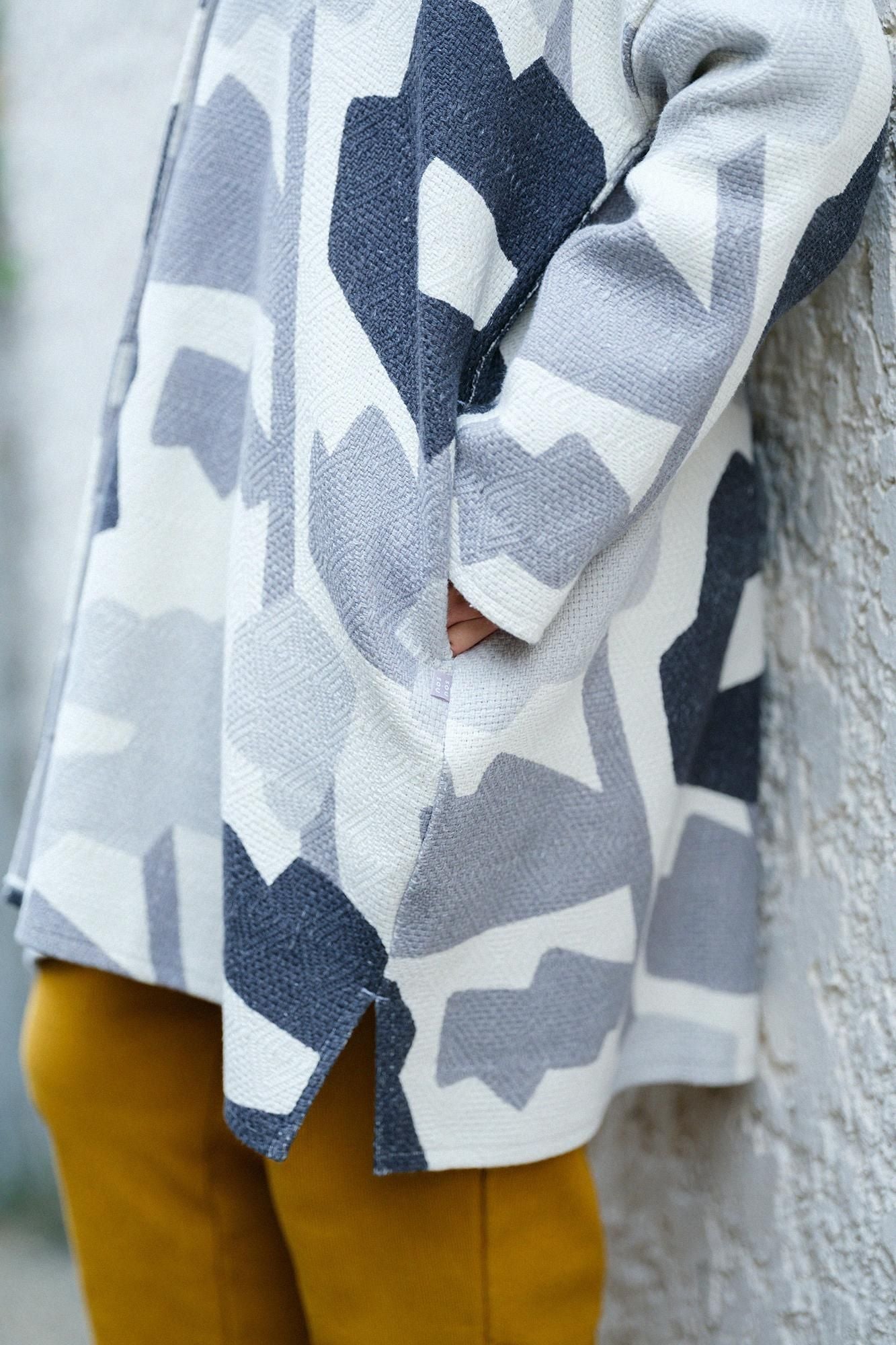 棉麻紡 菱紋樣（菱形用）灯長版上衣大衣/笑容