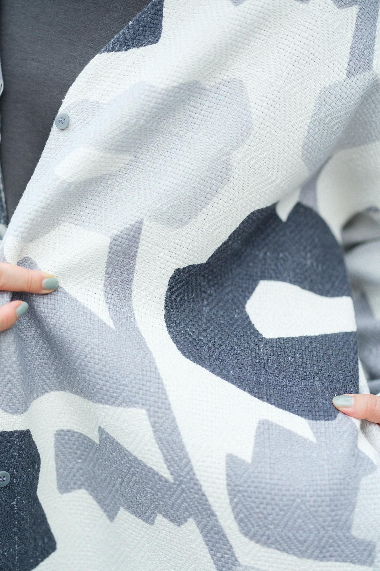 棉麻紡 菱紋樣（菱形用）灯長版上衣大衣/笑容