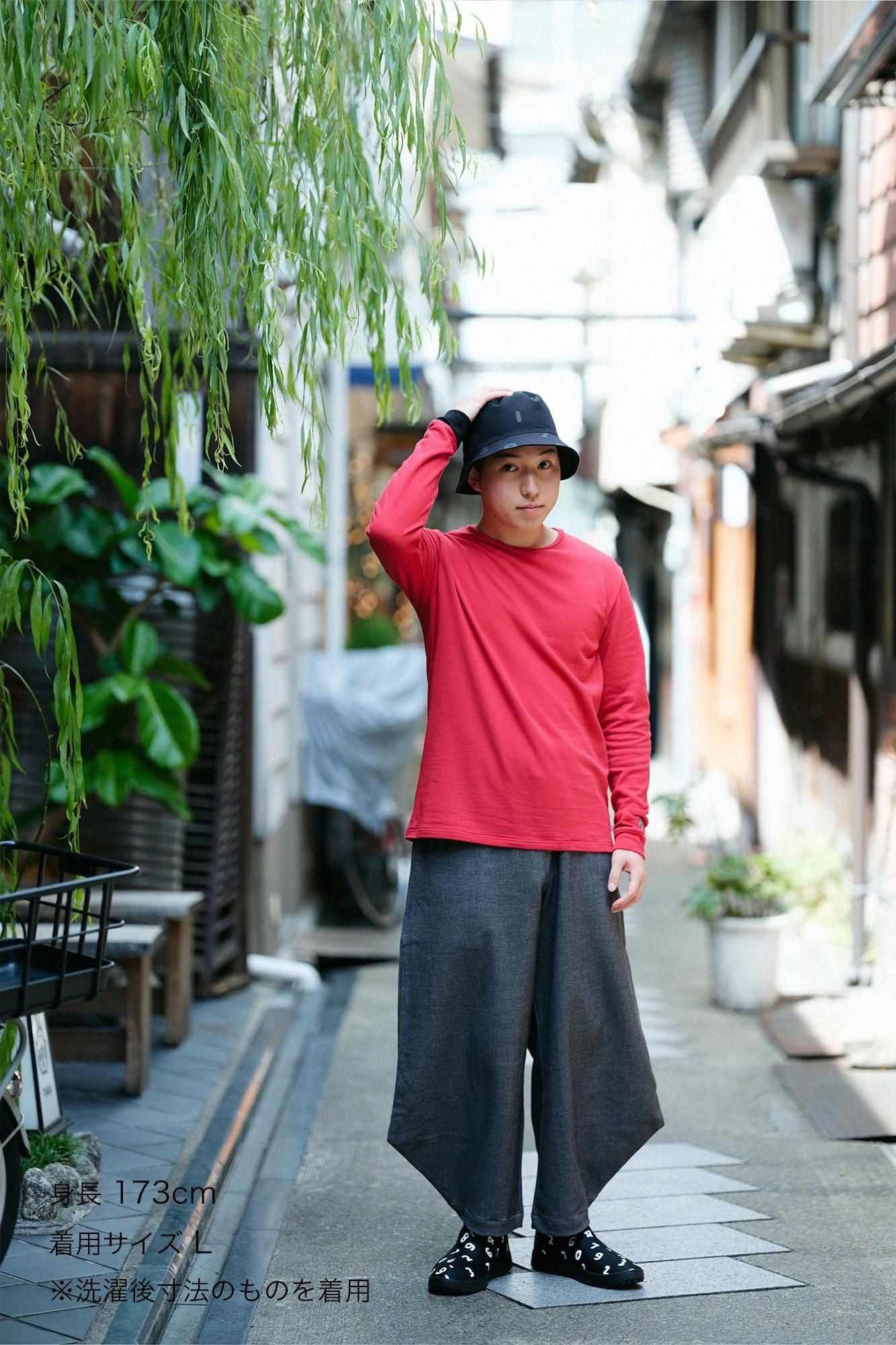 40双 ミニ裏毛 バイカラー長袖Tシャツ／レッド