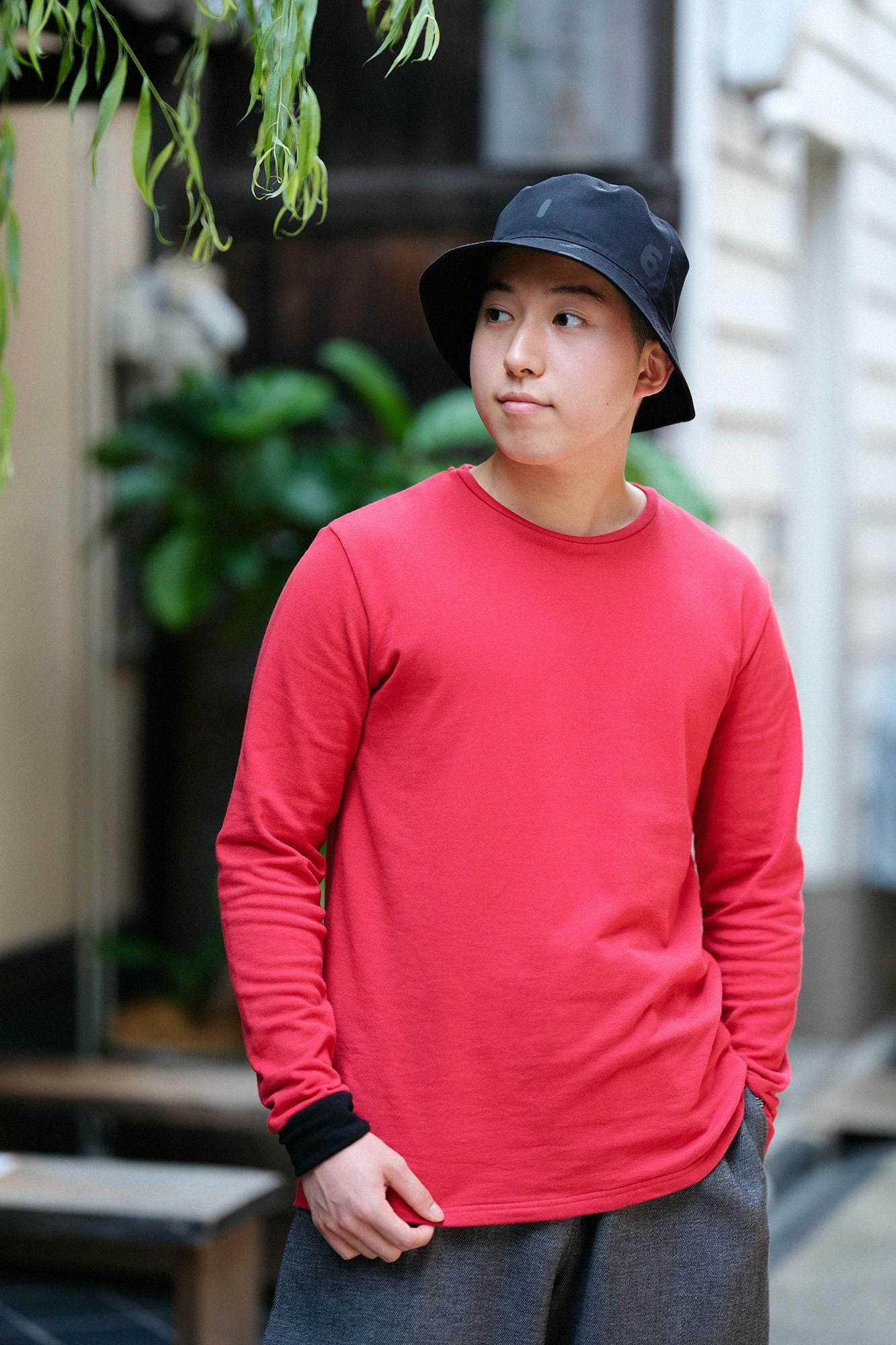 40双 ミニ裏毛 バイカラー長袖Tシャツ／レッド