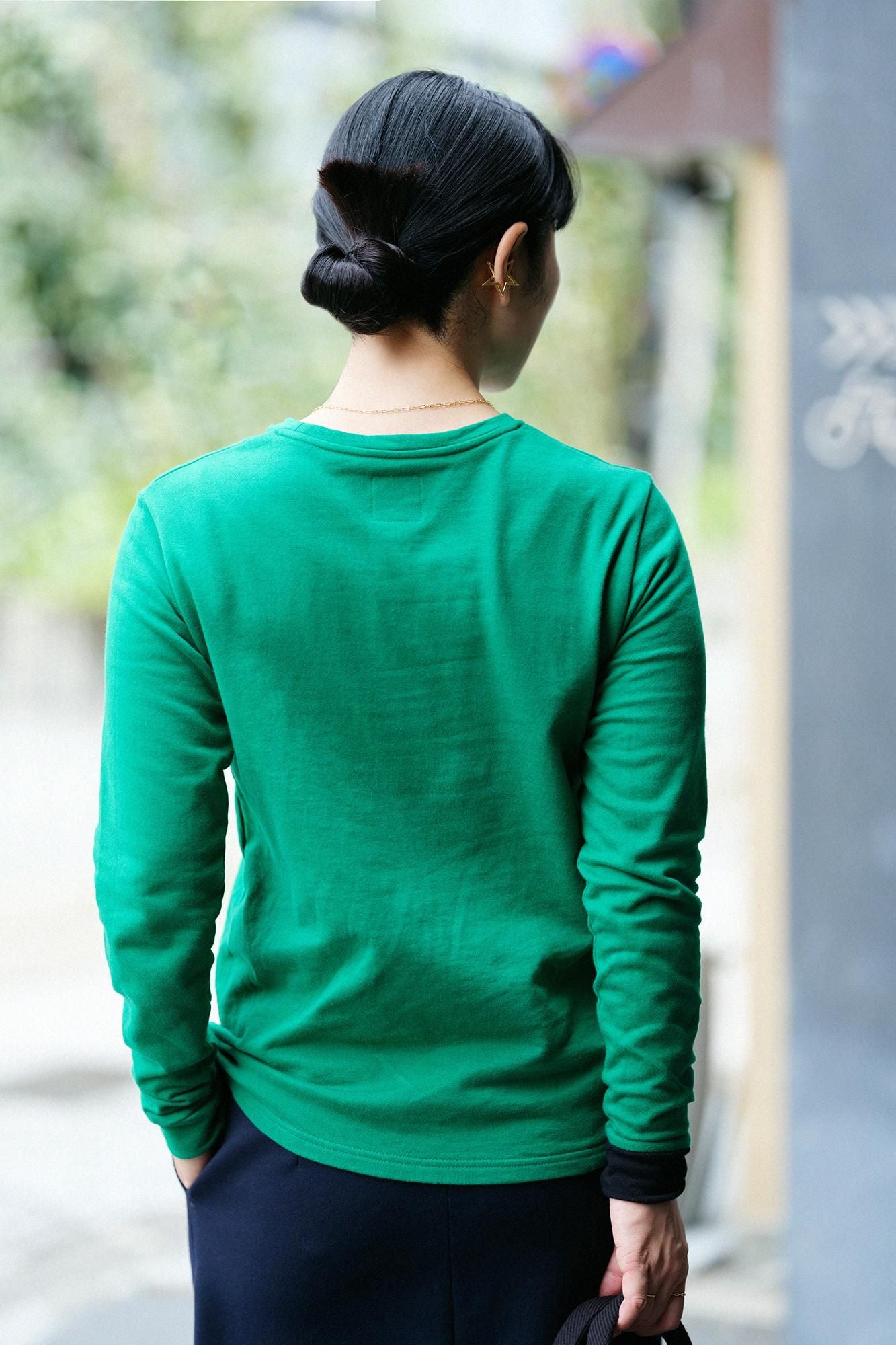 40双 ミニ裏毛 バイカラー長袖Tシャツ／グリーン