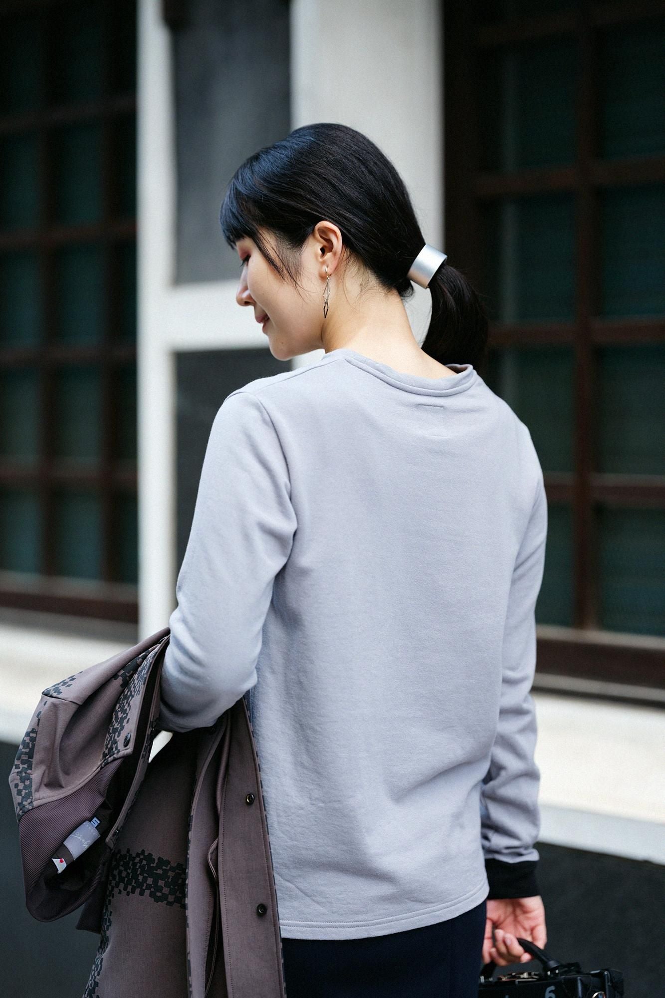 40双 ミニ裏毛 バイカラー長袖Tシャツ／グレー