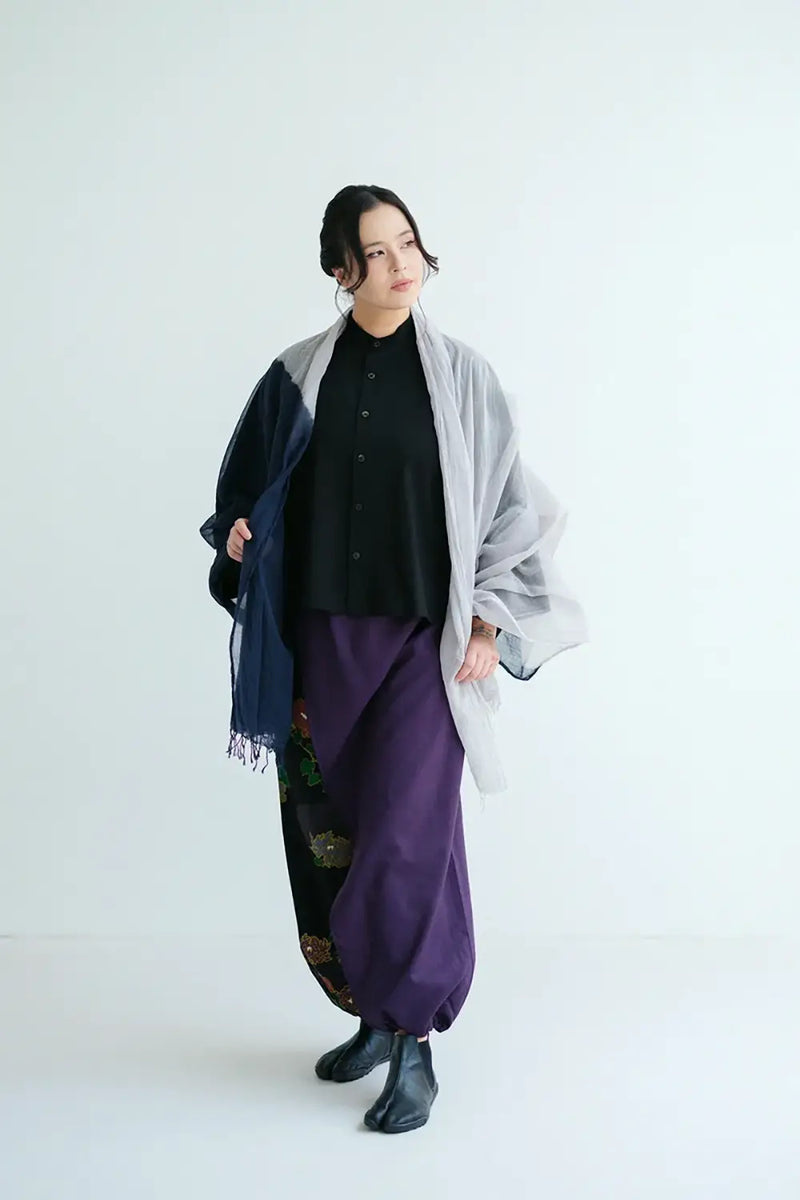 【9月22日頃発送予定】モスリン 手柄寛衣下 片身替わり 2.0／濃紫×雲取りに菊