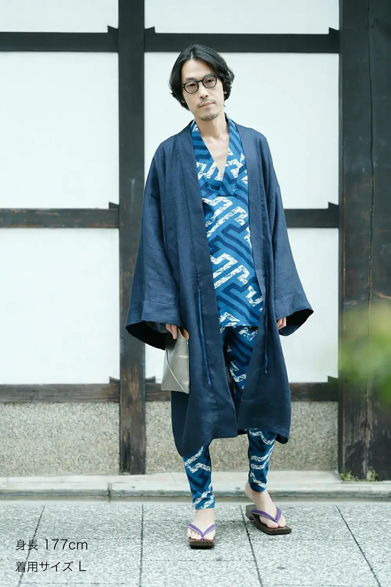 高島縮 20/20 藍捺染（あいなせん） 裁付（たっつけ）えんゆう穿き／紗綾形（さやがた） 時代（じだい）