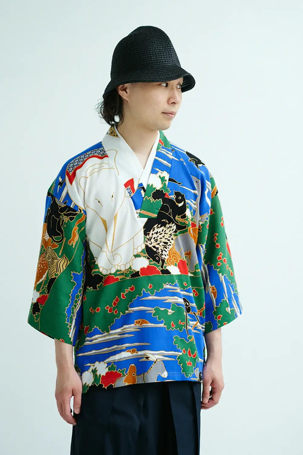 高島縮 40/40 半衿風靡（はんえりふうび）／若冲（じゃくちゅう） 鳥獣花木図屏風（ちょうじゅうかぼくずびょうぶ） 写し（うつし）