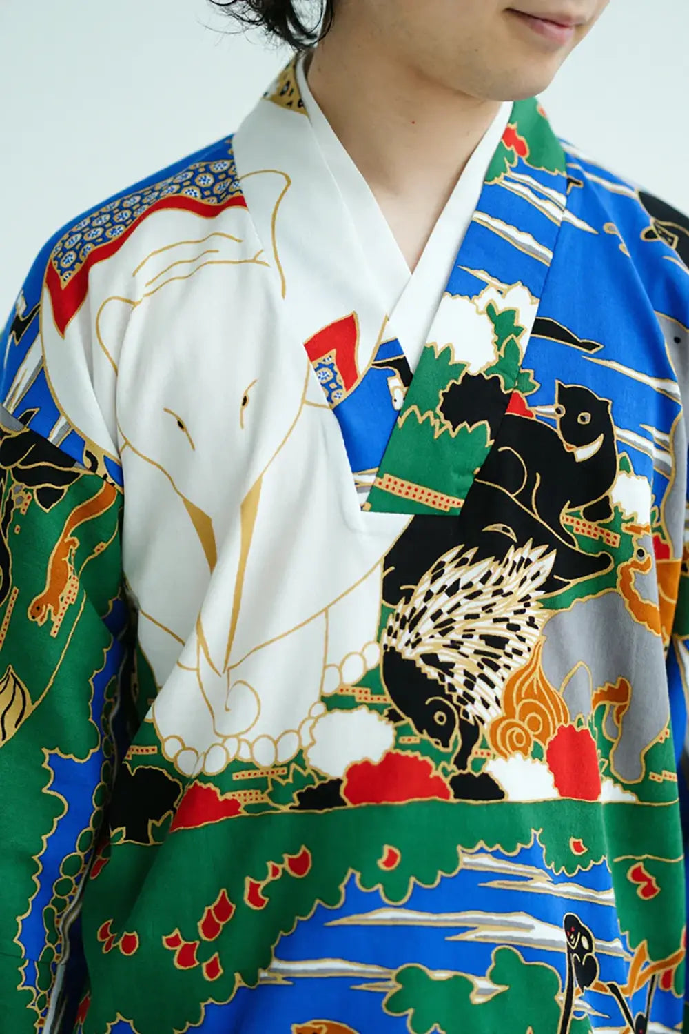 高島縮 40/40 半衿風靡（はんえりふうび）／若冲（じゃくちゅう） 鳥獣花木図屏風（ちょうじゅうかぼくずびょうぶ） 写し（うつし）