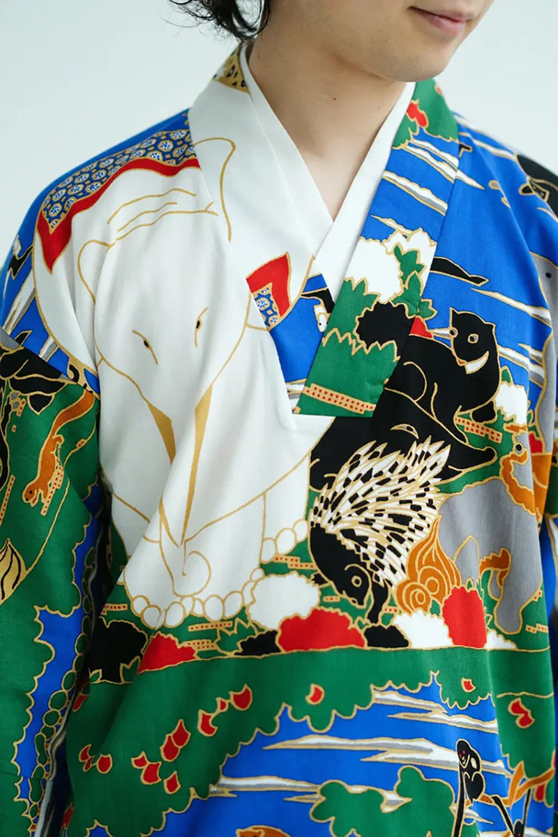 高島縮 40/40 半衿風靡（はんえりふうび）／若冲（じゃくちゅう） 鳥獣花木図屏風（ちょうじゅうかぼくずびょうぶ） 写し（うつし）