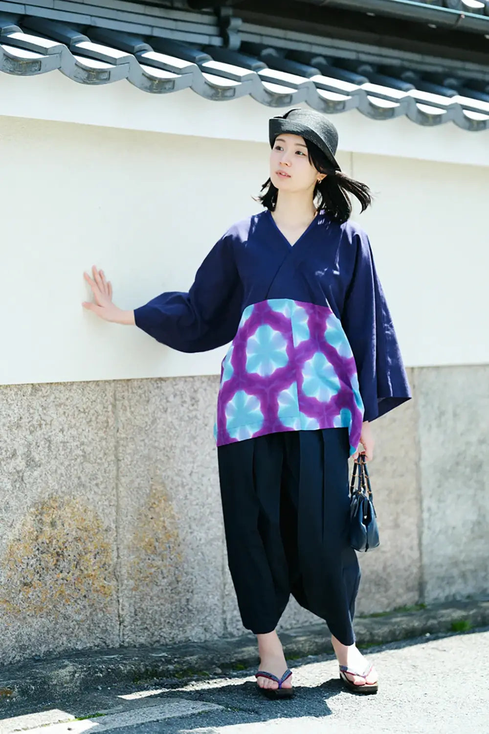 Extra langes Baumwoll-Schreibmaschinentuch Hakama Fuji/Schwarz Marineblau